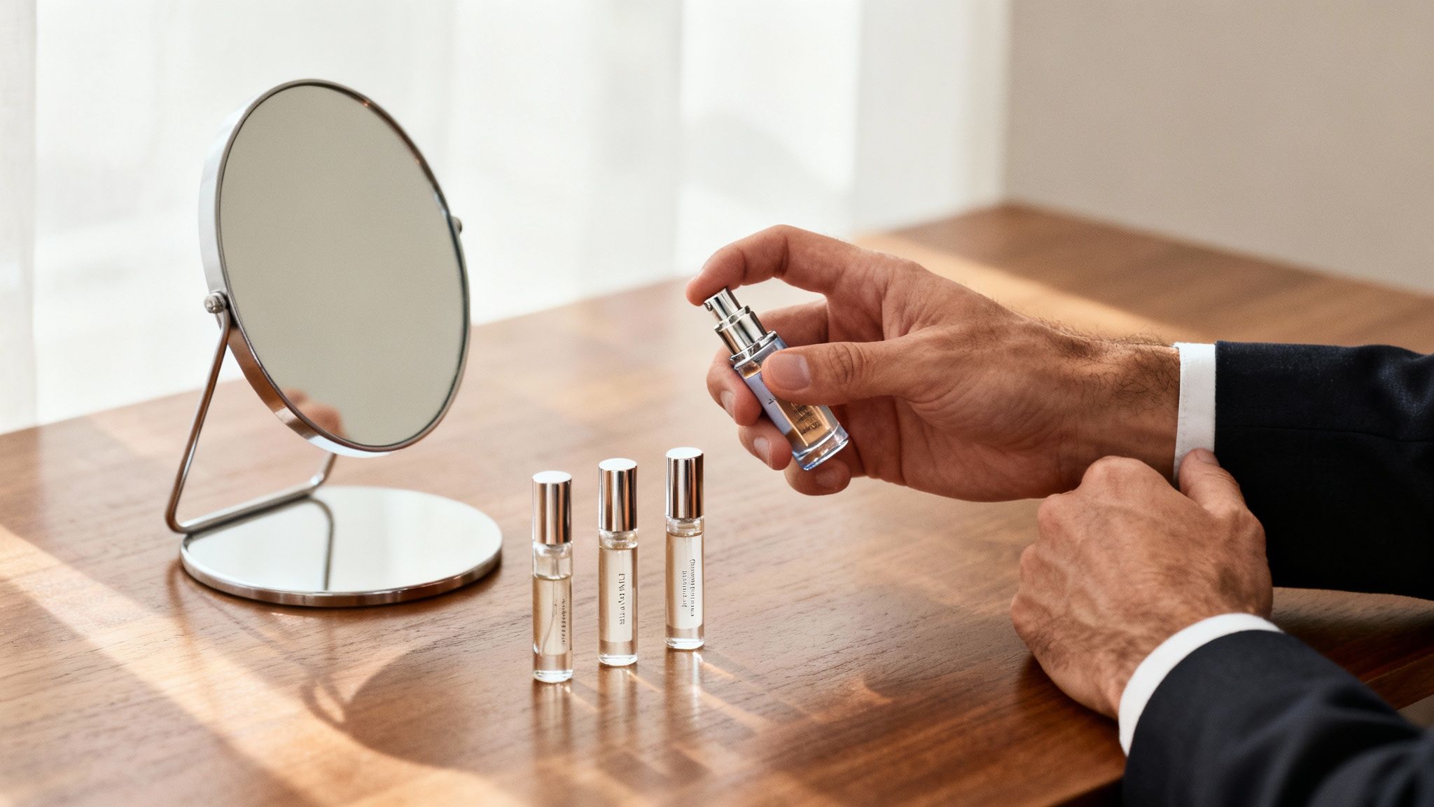 A man's hands applying perfume from a small bottle to his wrist, with other fragrances and a mirror on a wooden table.