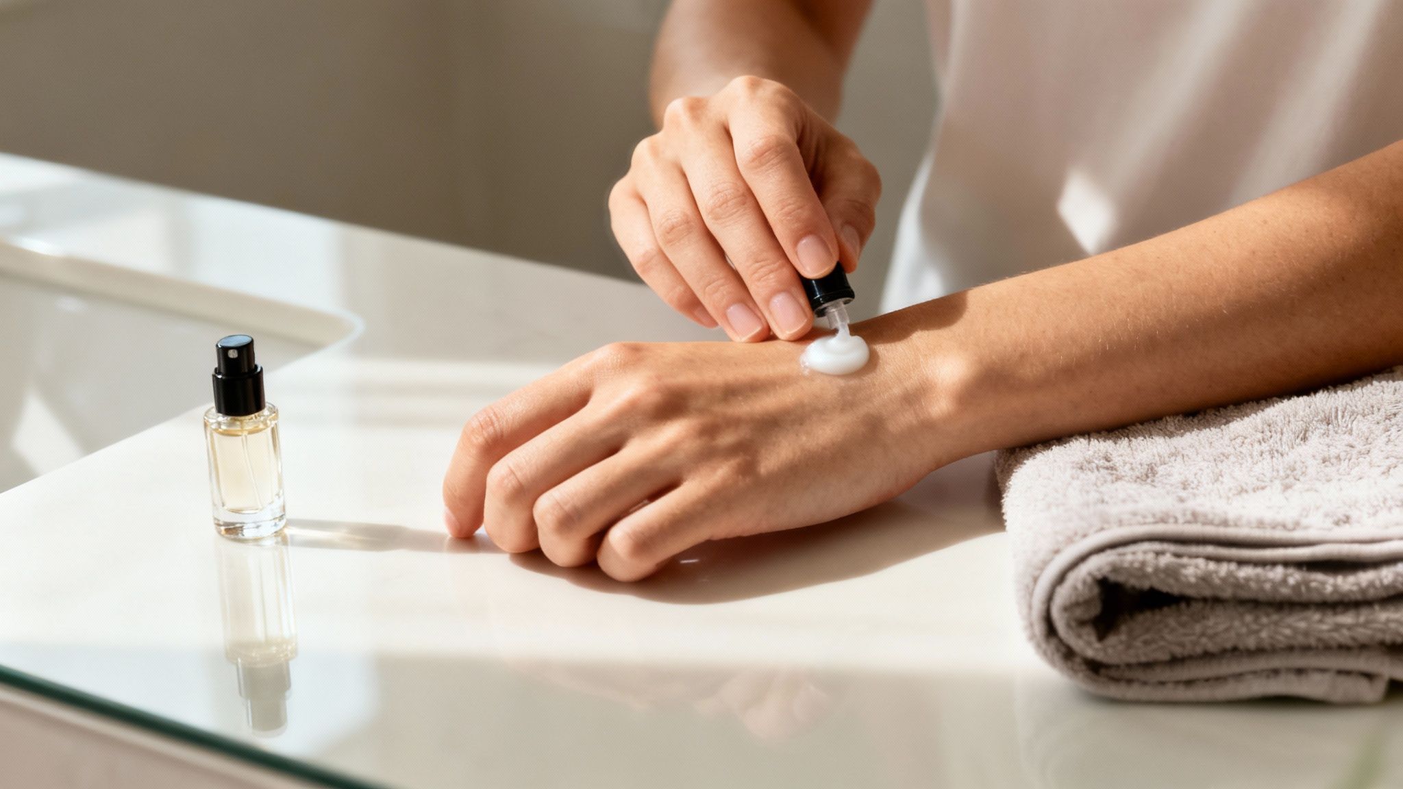 Close-up of a person applying white hand cream from a small bottle onto their hand, with perfume nearby.
