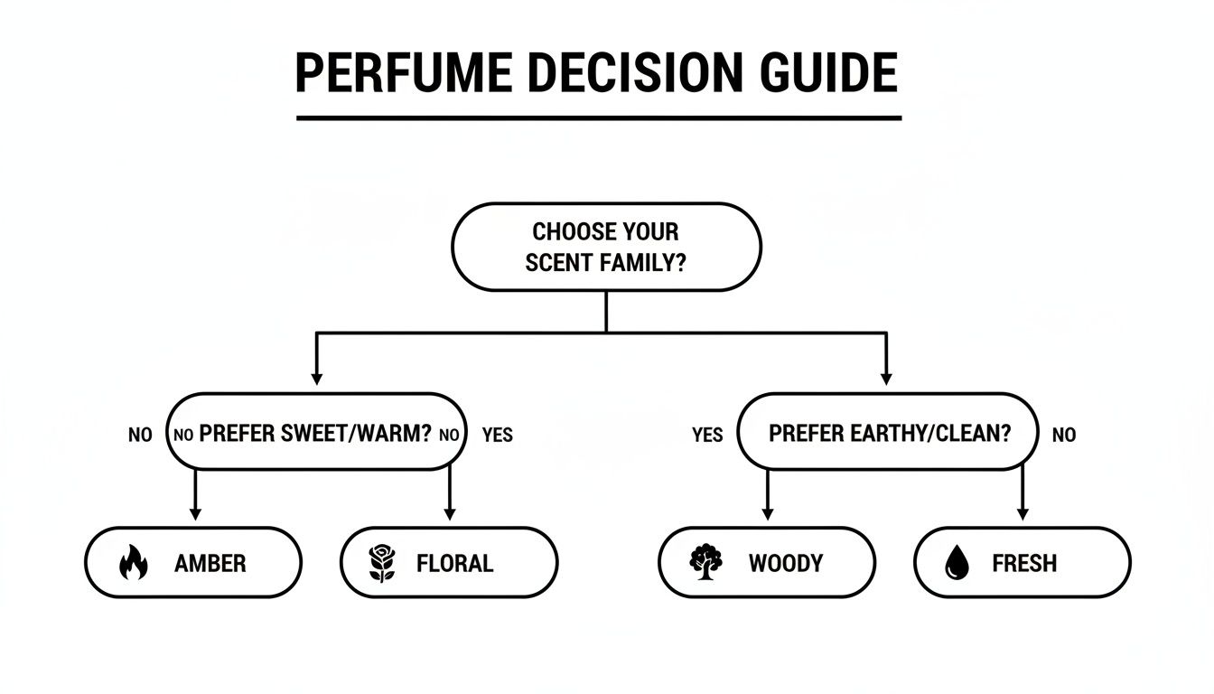 A perfume decision guide flowchart helping users choose a scent family based on preference for sweet/warm or earthy/clean notes.