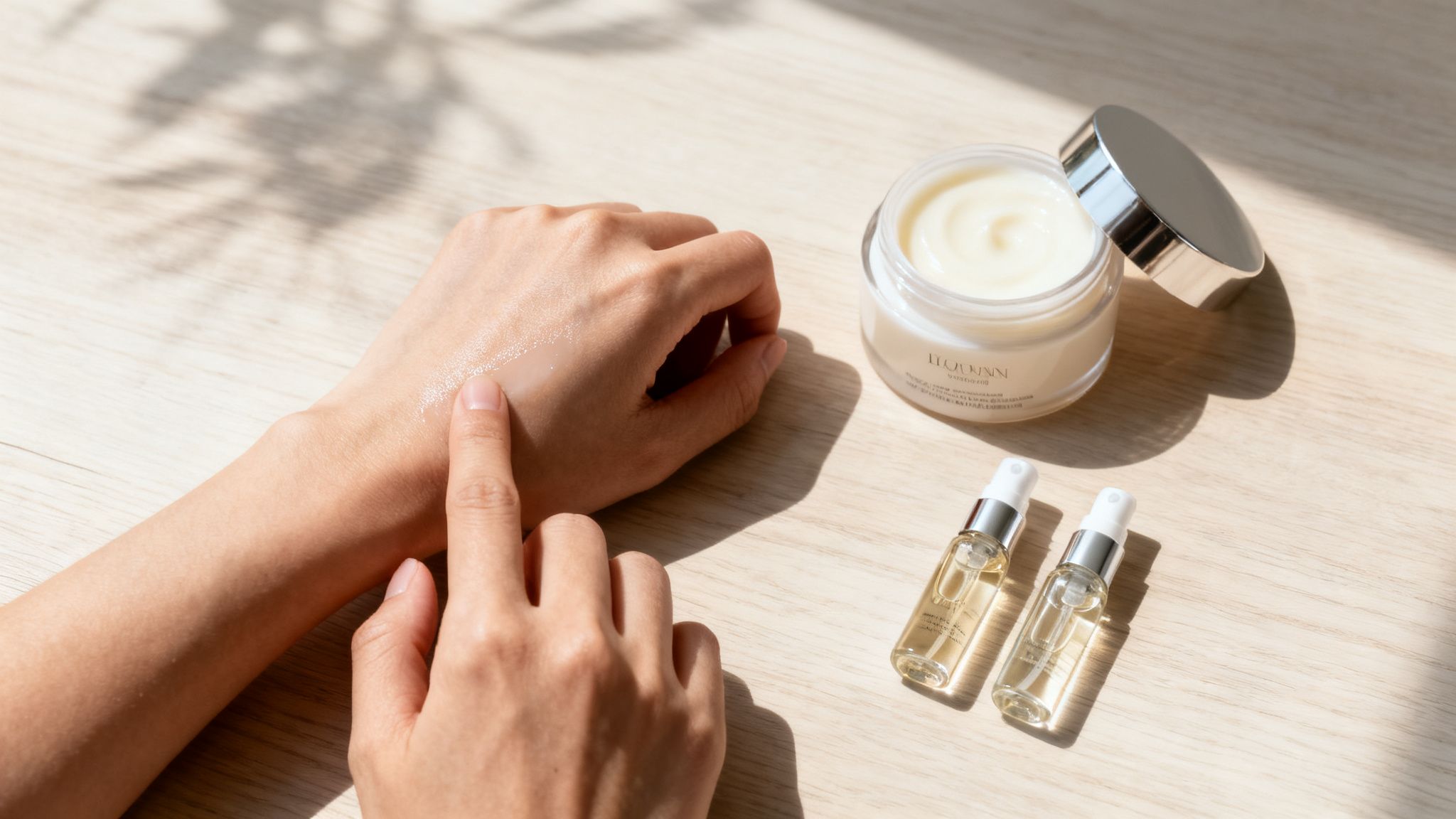 A person's hand applies moisturizer to their skin, next to a jar of cream and two small spray bottles on a wooden table.