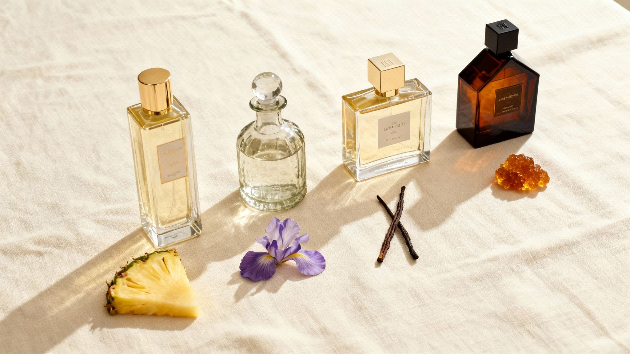 Four luxury perfume bottles displayed with pineapple, iris, vanilla, and amber on a fabric surface.