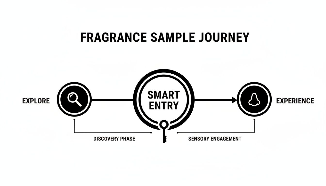 Flowchart showing the fragrance sample journey, including exploration, smart entry, and experience phases.