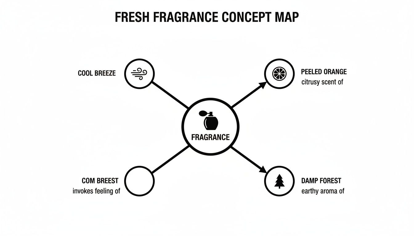 A fresh fragrance concept map illustrating notes of cool breeze, peeled orange, and damp forest.