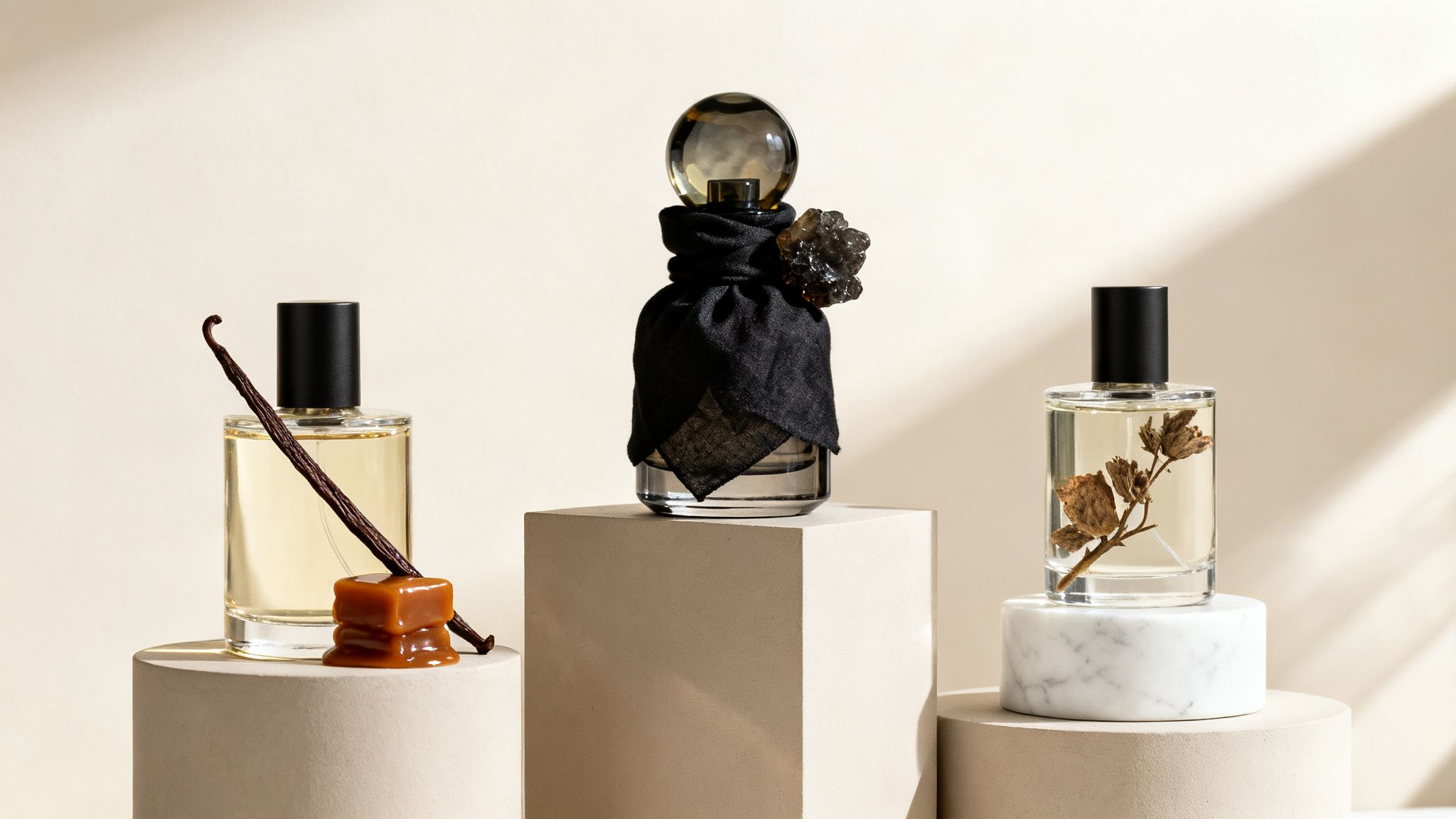 Three elegant perfume bottles displayed on pedestals with natural elements like vanilla, caramel, and botanicals.