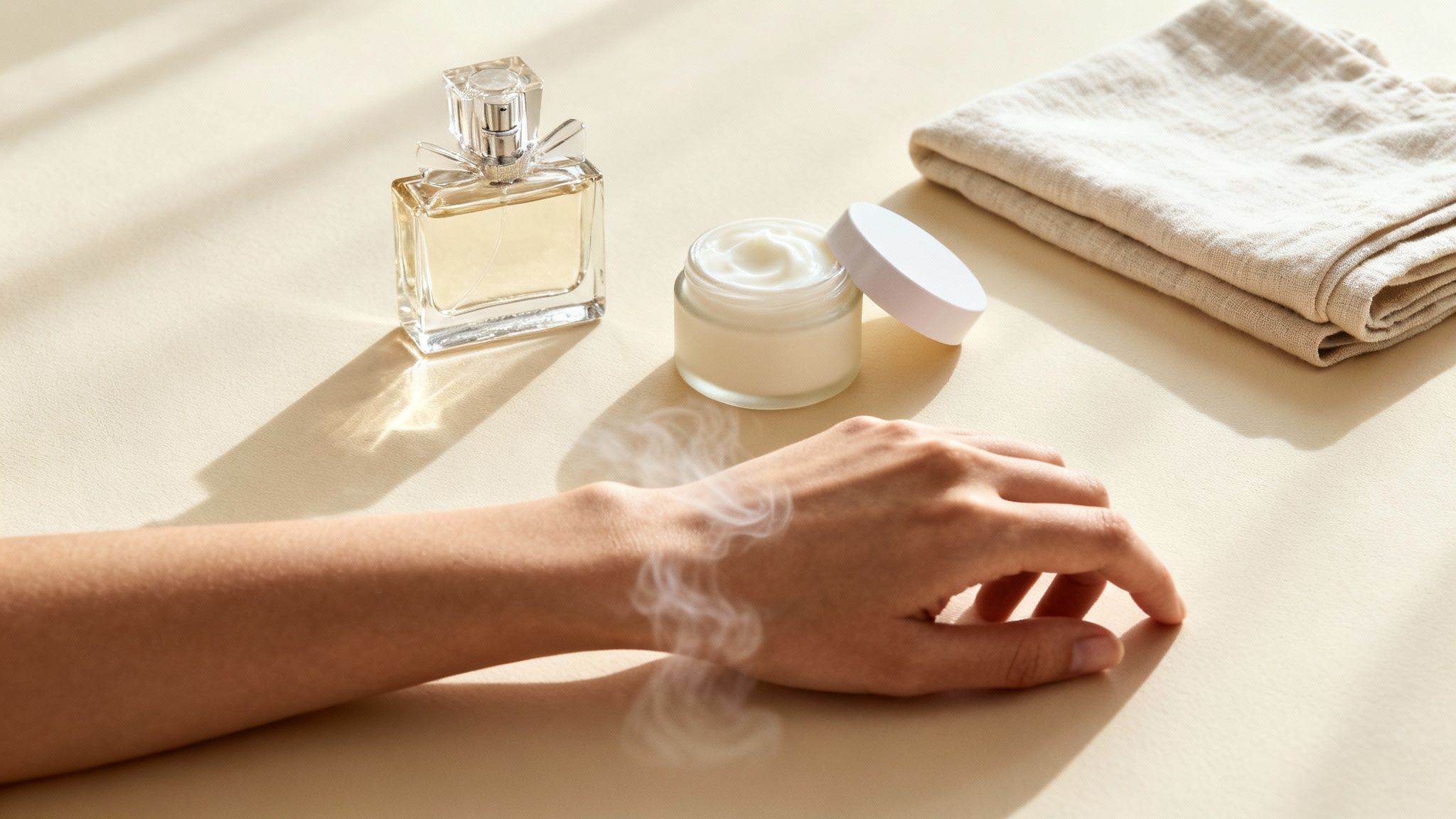 A perfume bottle, open cream jar, and a folded towel alongside a hand with subtle steam effects.