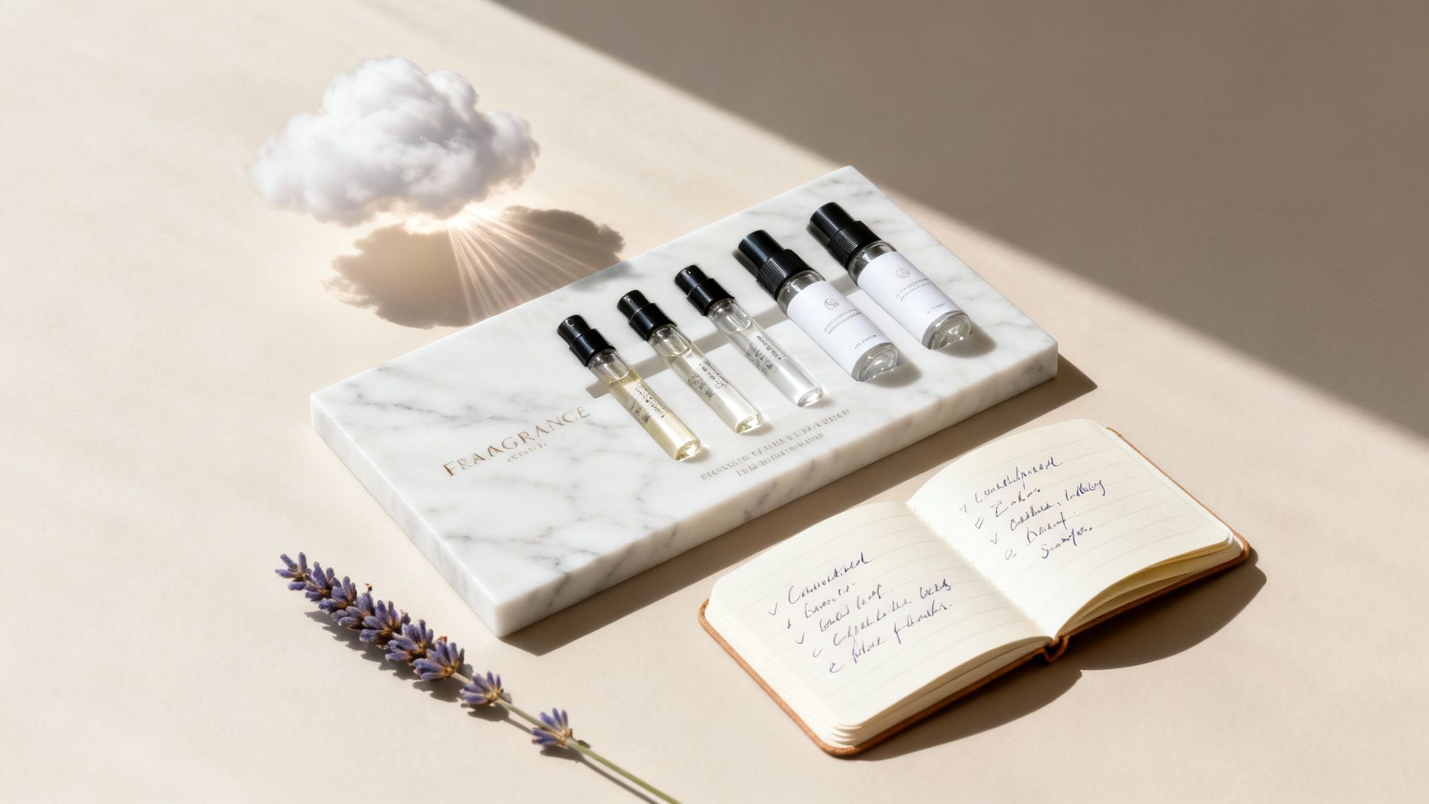 A marble tray with fragrance samples, lavender sprig, and a notebook with scent notes, under sunlit clouds.
