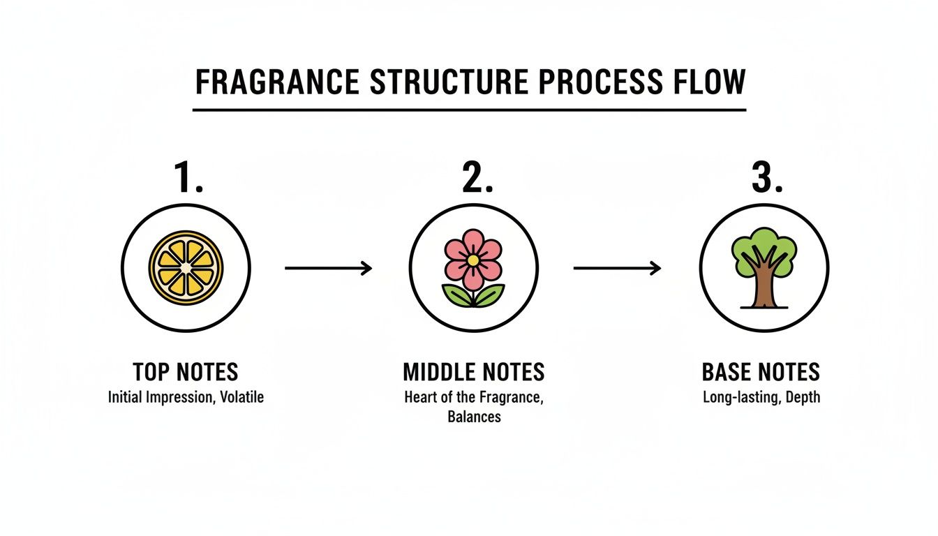 A diagram illustrating the fragrance structure process flow with top, middle, and base notes.