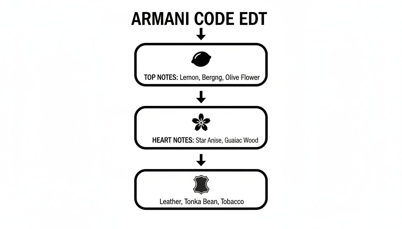 Fragrance diagram detailing Armani Code EDT's top notes of lemon, heart notes of star anise, and base notes.
