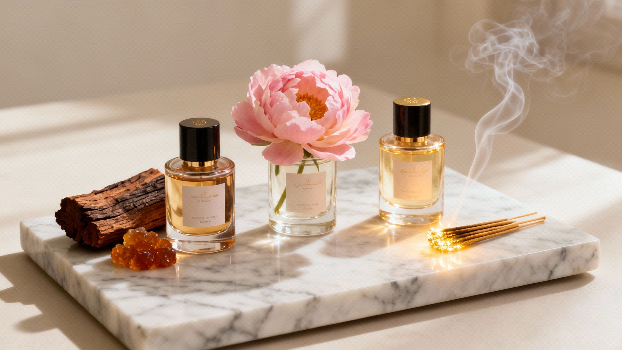 Three luxury perfume bottles, a pink peony flower, wood, and burning incense on a marble surface.