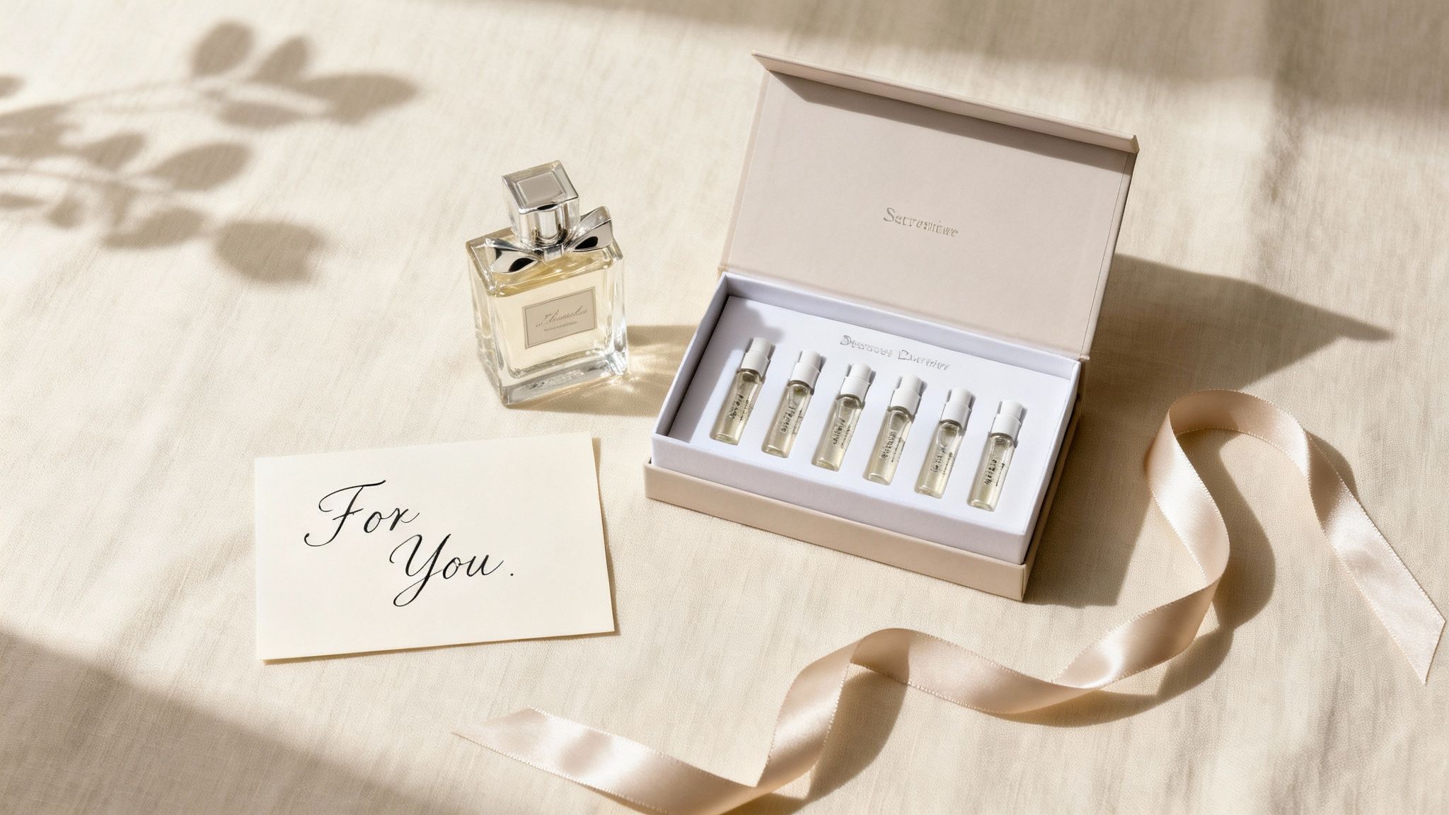 A luxury perfume bottle and a sample gift set with a 'For You' card and ribbon on a textured background.