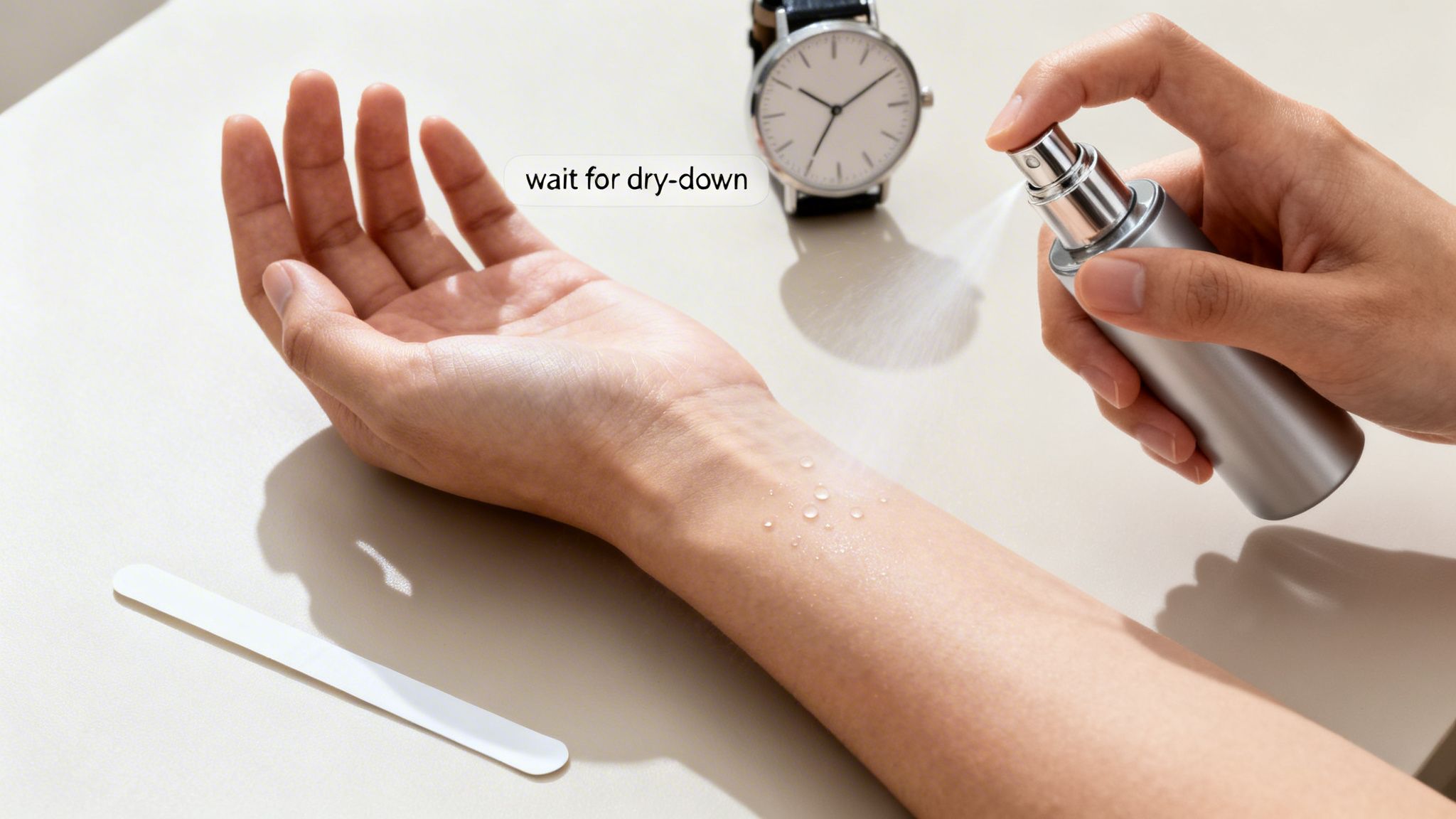 A person sprays perfume on their wrist, showing water droplets, with a watch and 'wait for dry-down' text.