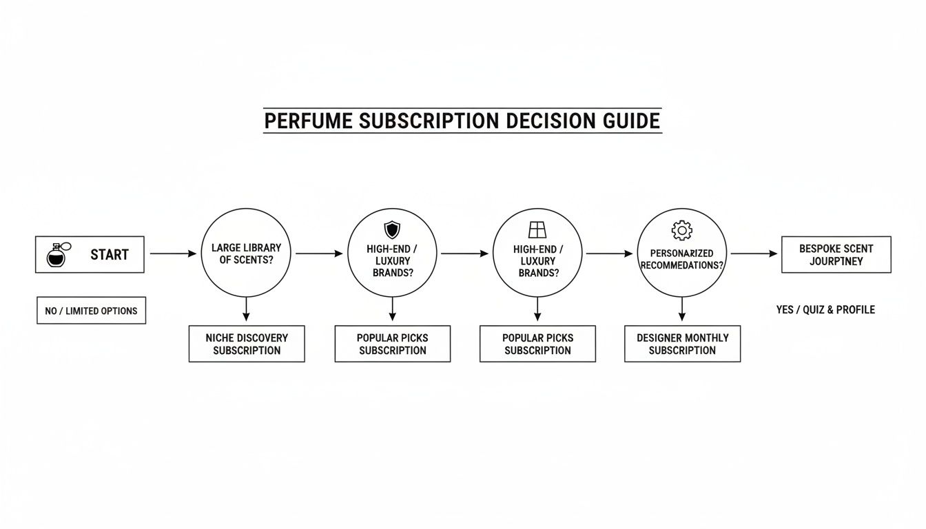 Flowchart guiding users through perfume subscription options based on library size, brand type, and personalization.
