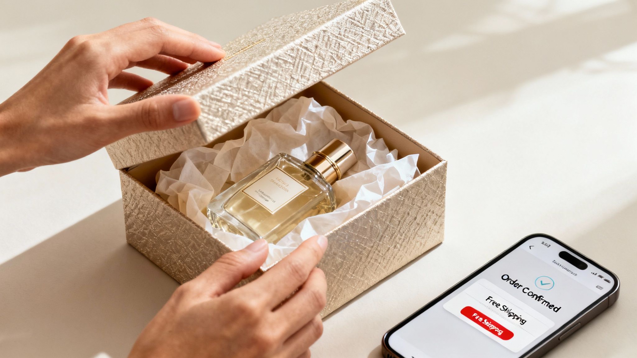 Hands opening a luxurious gold gift box revealing a perfume bottle with a smartphone showing 'Order Confirmed'.