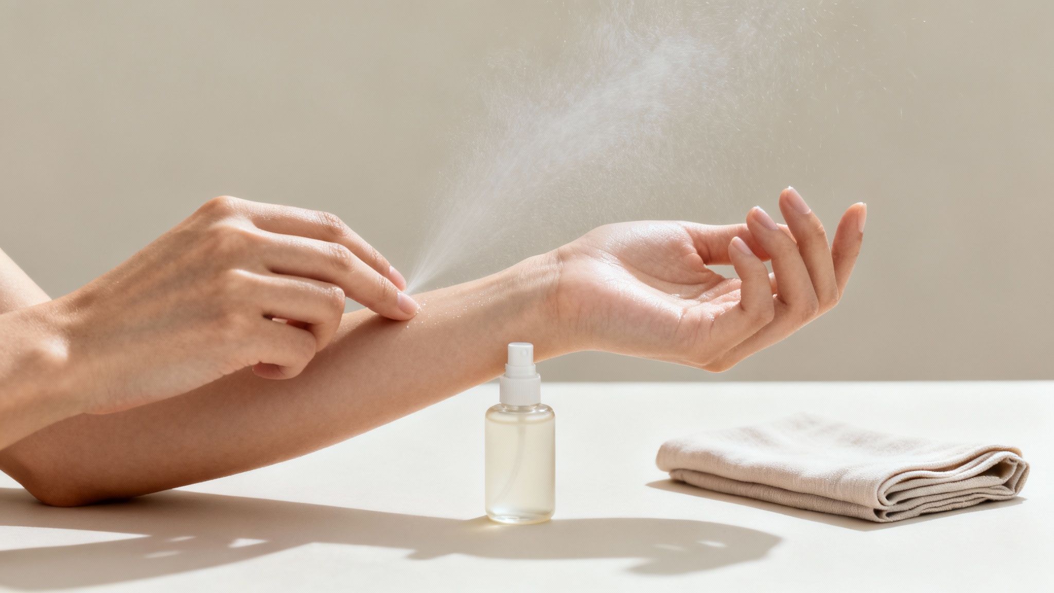 A person sprays a fine mist from a small bottle onto their arm, with a towel nearby.