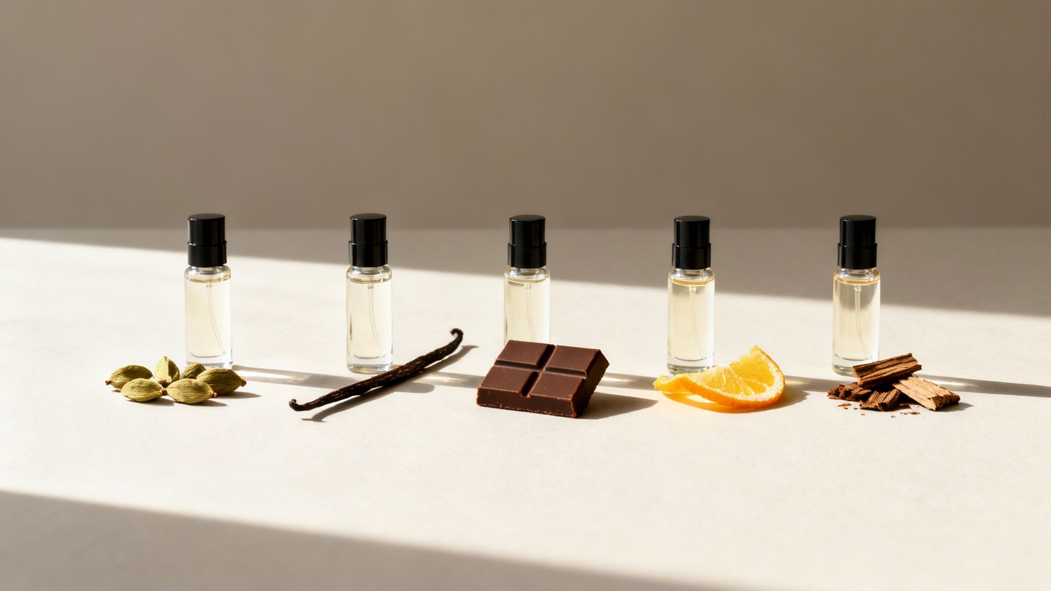 Five perfume sample bottles showcasing scent notes: cardamom, vanilla, chocolate, orange, and woody elements.