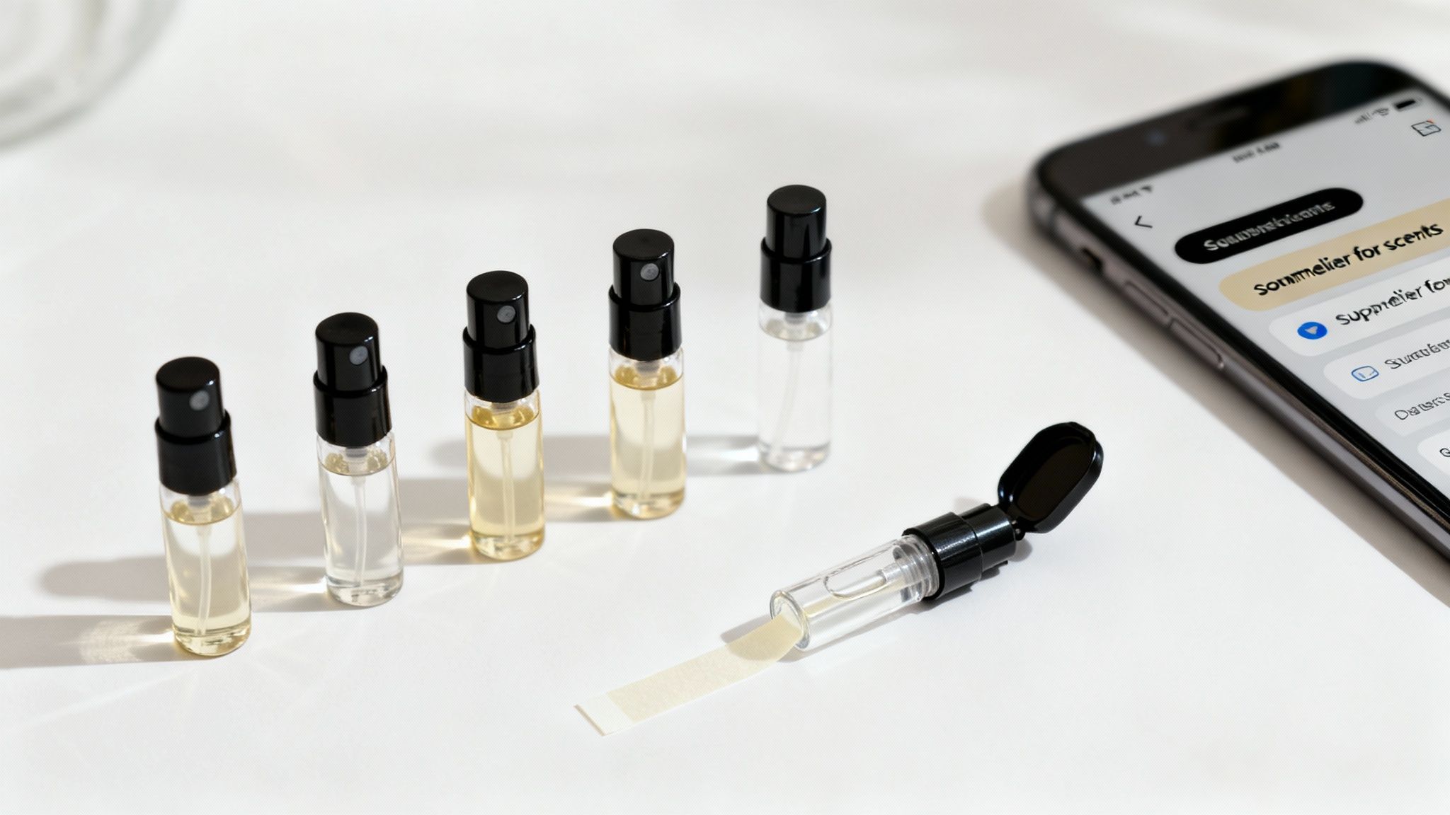 Several perfume sample spray bottles and a scent strip are next to a smartphone showing a fragrance app.