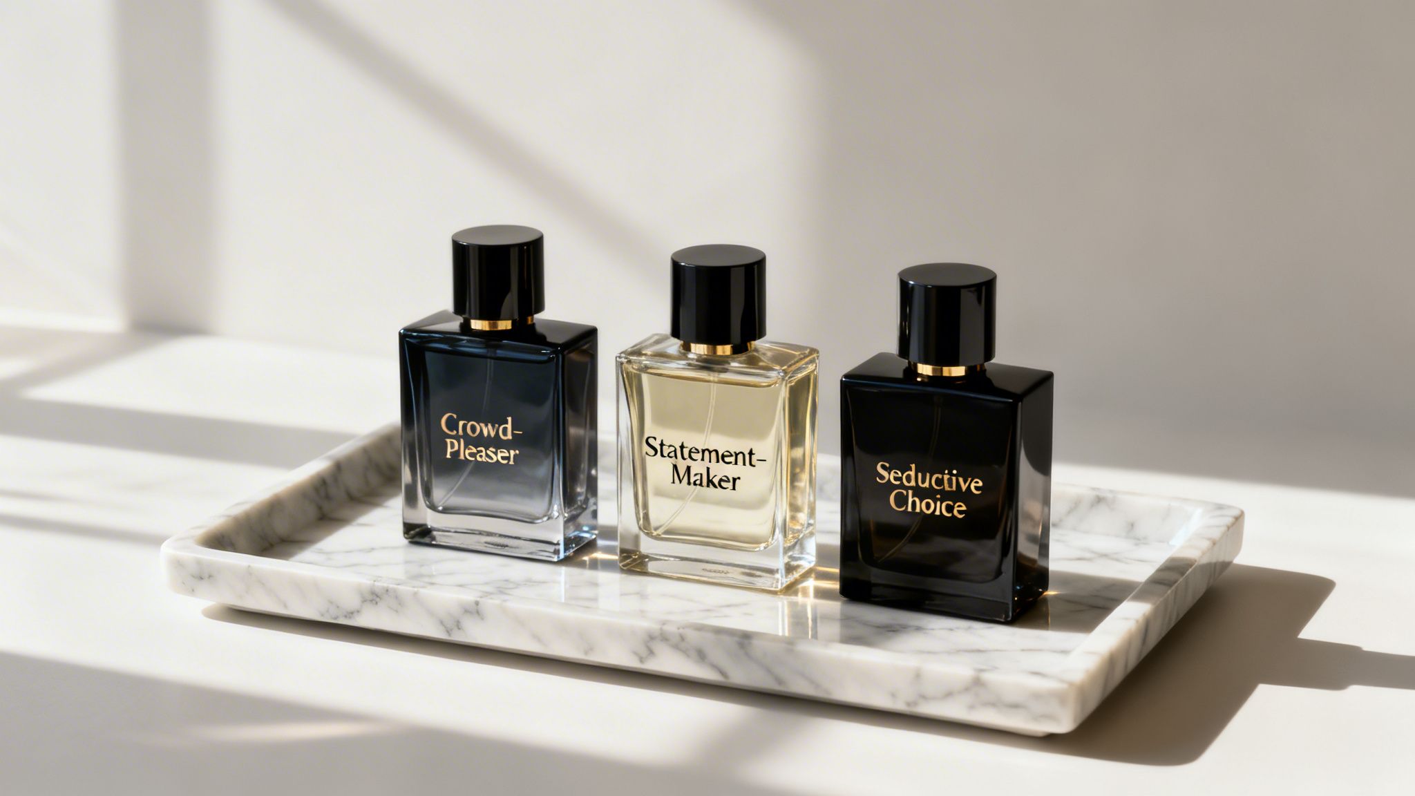 Three men's fragrance bottles, 'Crowd-Pleaser', 'Statement-Maker', and 'Seductive Choice', on a marble tray.