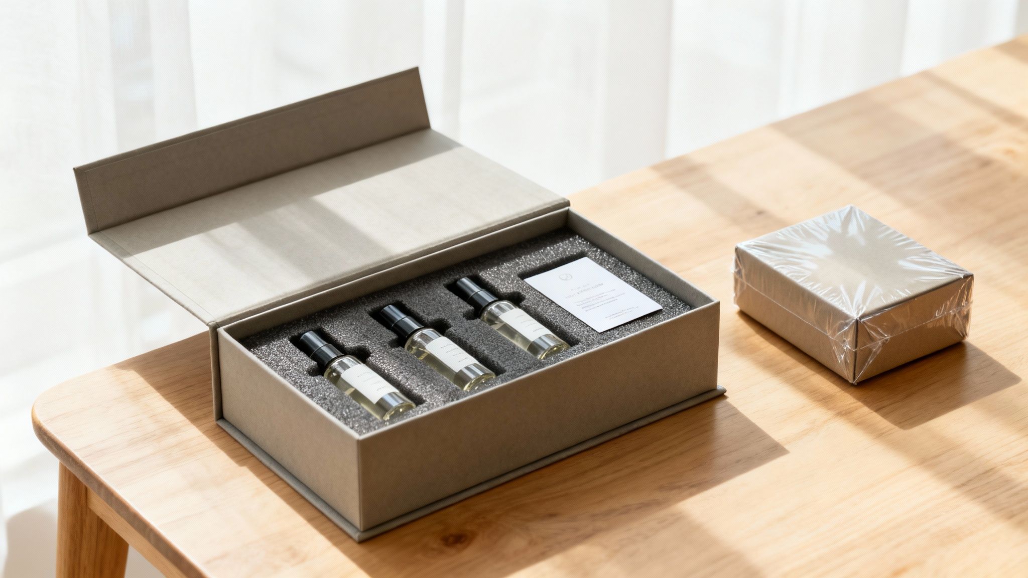 An elegant open gift box holding three perfume bottles and a card, with a wrapped box nearby on wood.