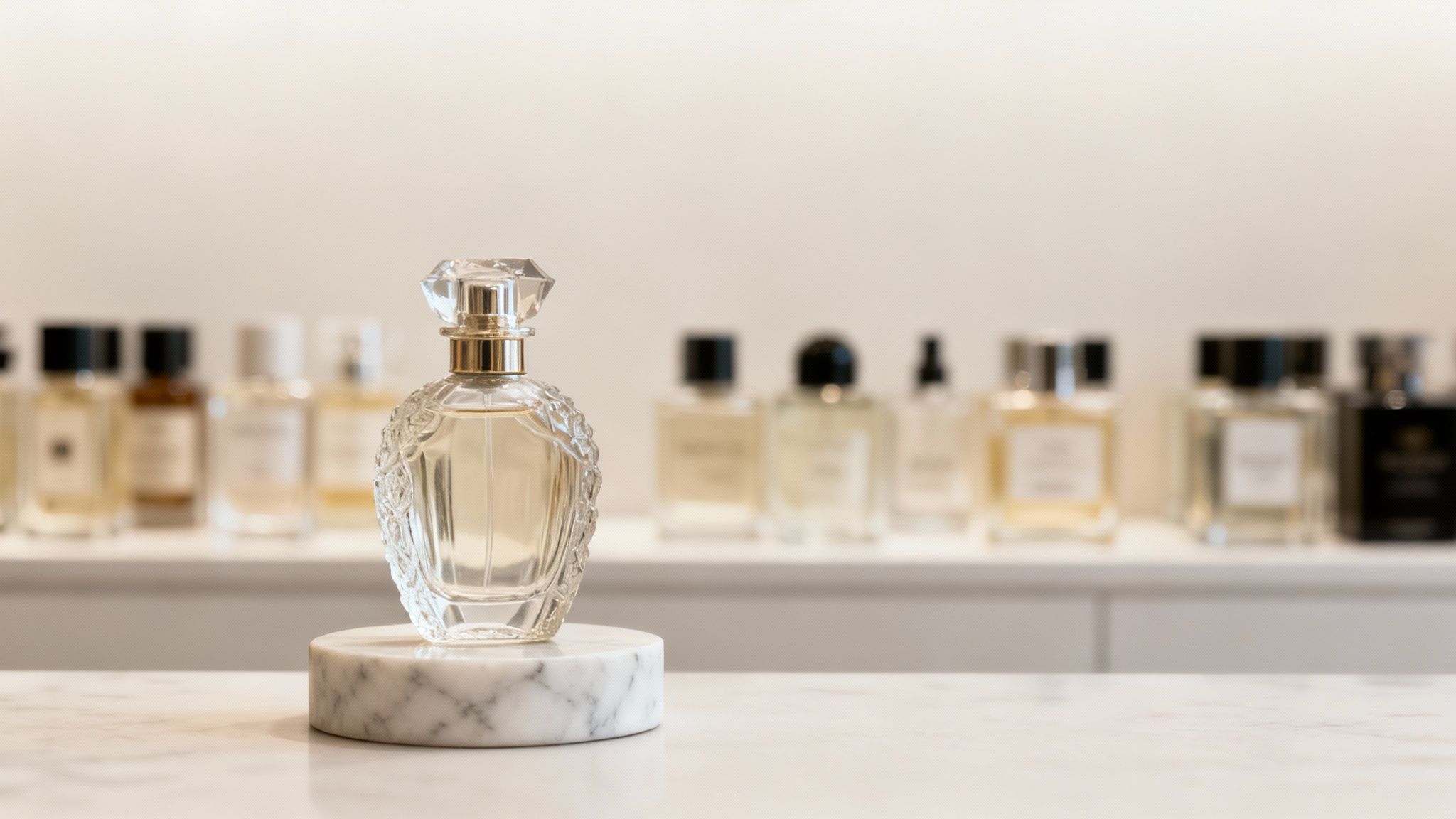 A clear, elegant perfume bottle with a golden neck, standing on a round marble base, with blurred fragrance bottles in the background.