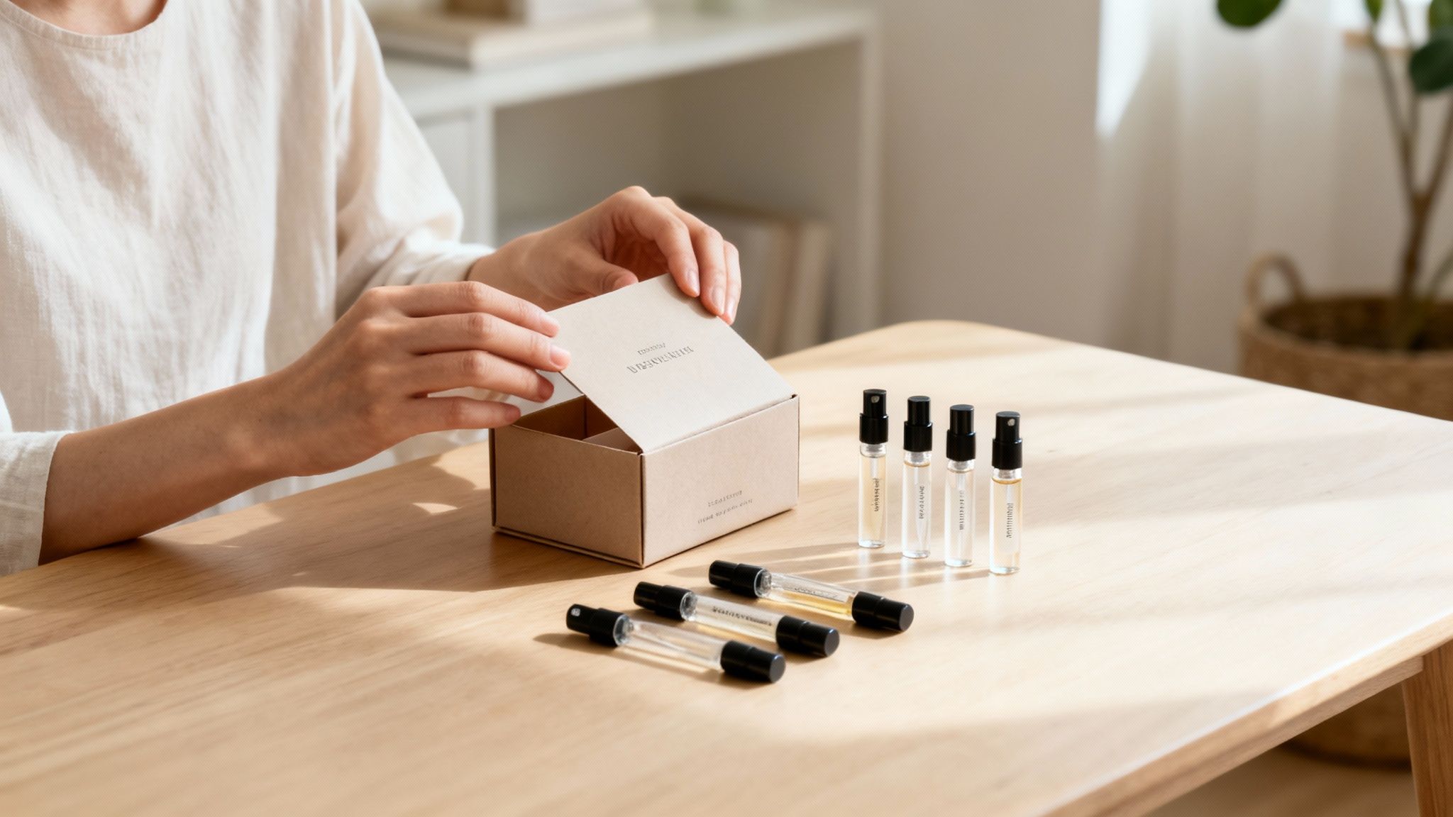 A person's hands open a discovery box with fragrance samples on a light wooden table.