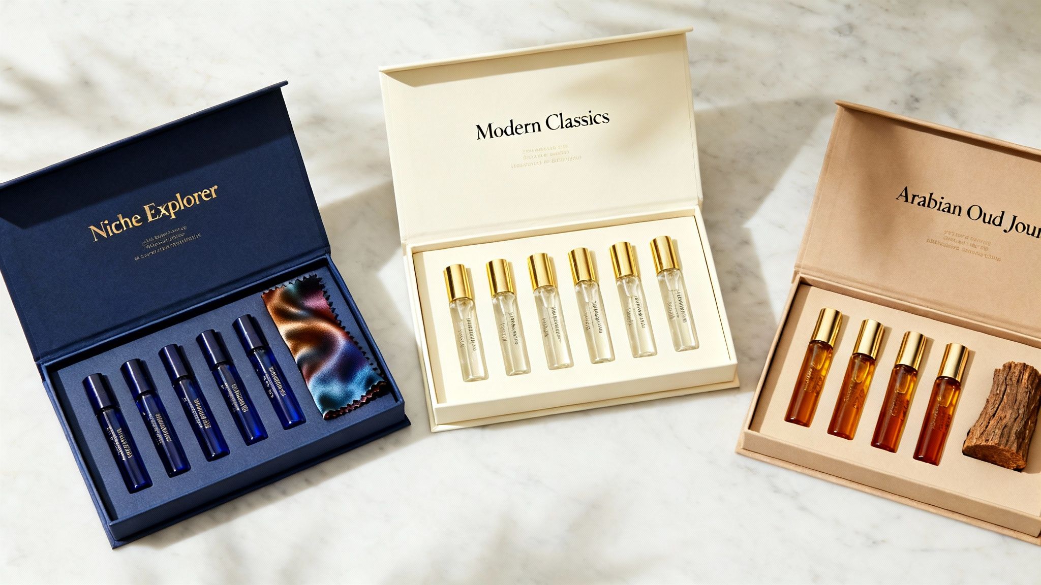 Three exquisite perfume sample sets, Niche Explorer, Modern Classics, and Arabian Oud Journey, displayed in open boxes on a marble surface.