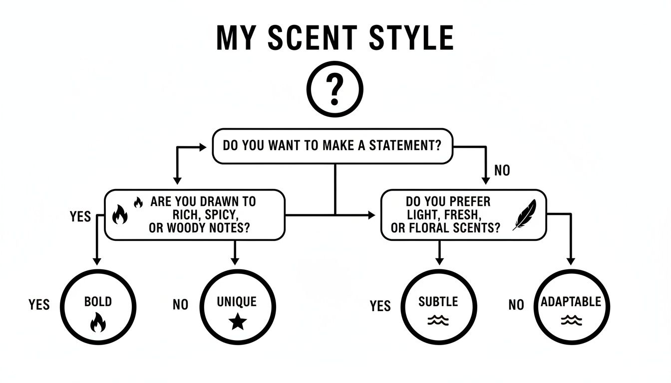 A flowchart titled 'My Scent Style' guiding users to discover their fragrance preference: Bold, Unique, Subtle, or Adaptable.