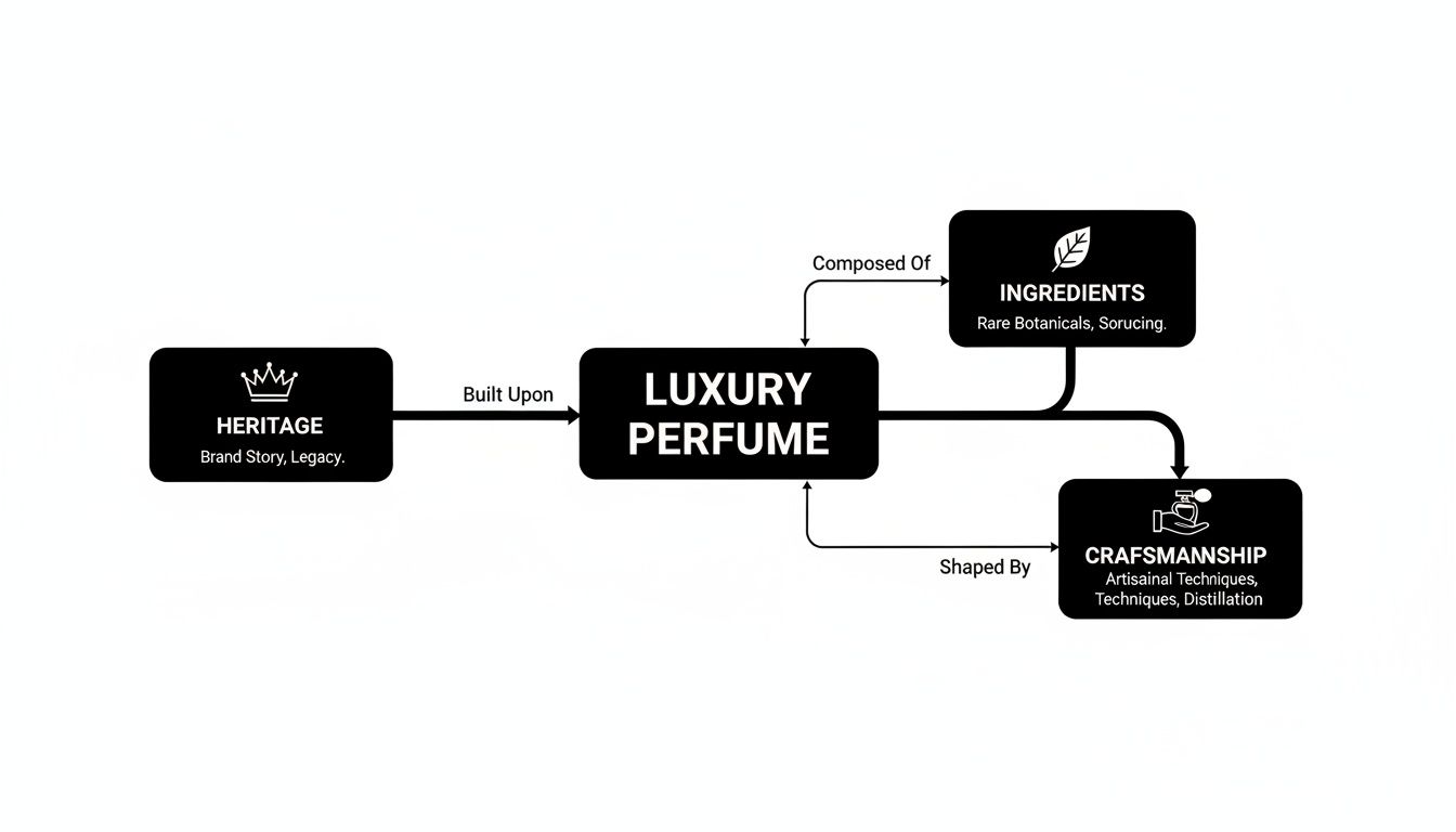 A mind map illustrating the key elements and composition of luxury perfume, detailing heritage, ingredients, and craftsmanship.