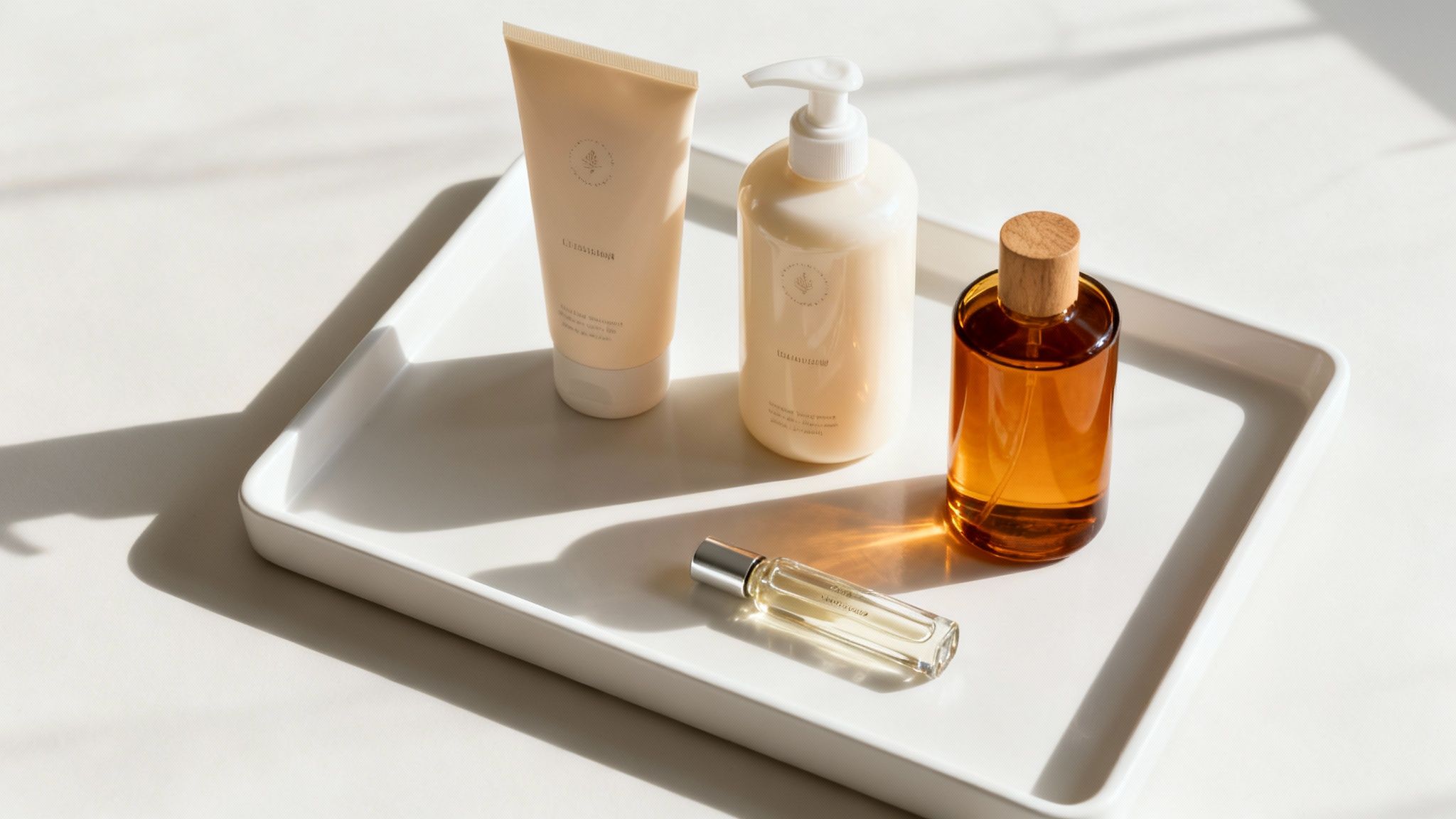 Skincare and beauty products, including lotion, cleanser, and perfume, on a white tray with sunlight.
