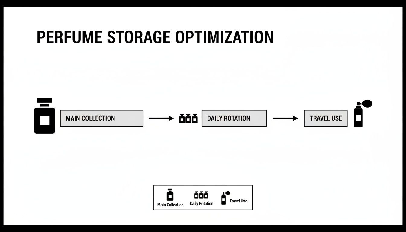 Flowchart illustrating perfume storage optimization: Main Collection, Daily Rotation, and Travel Use stages.
