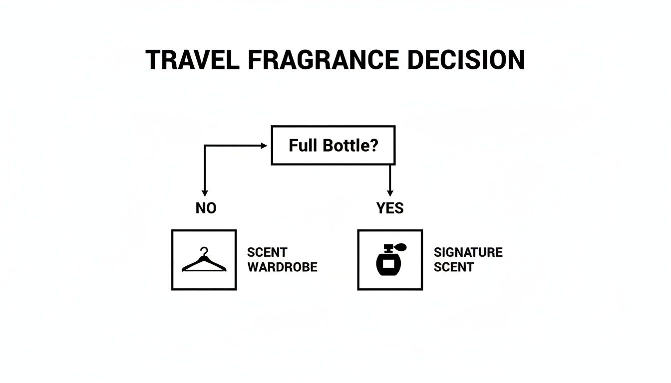 A flowchart for travel fragrance decisions: choosing between a full bottle, scent wardrobe, or signature scent.