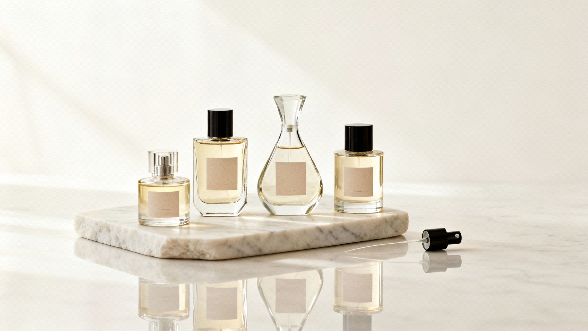 Four elegant perfume bottles with blank labels displayed on a natural marble slab, reflecting softly.