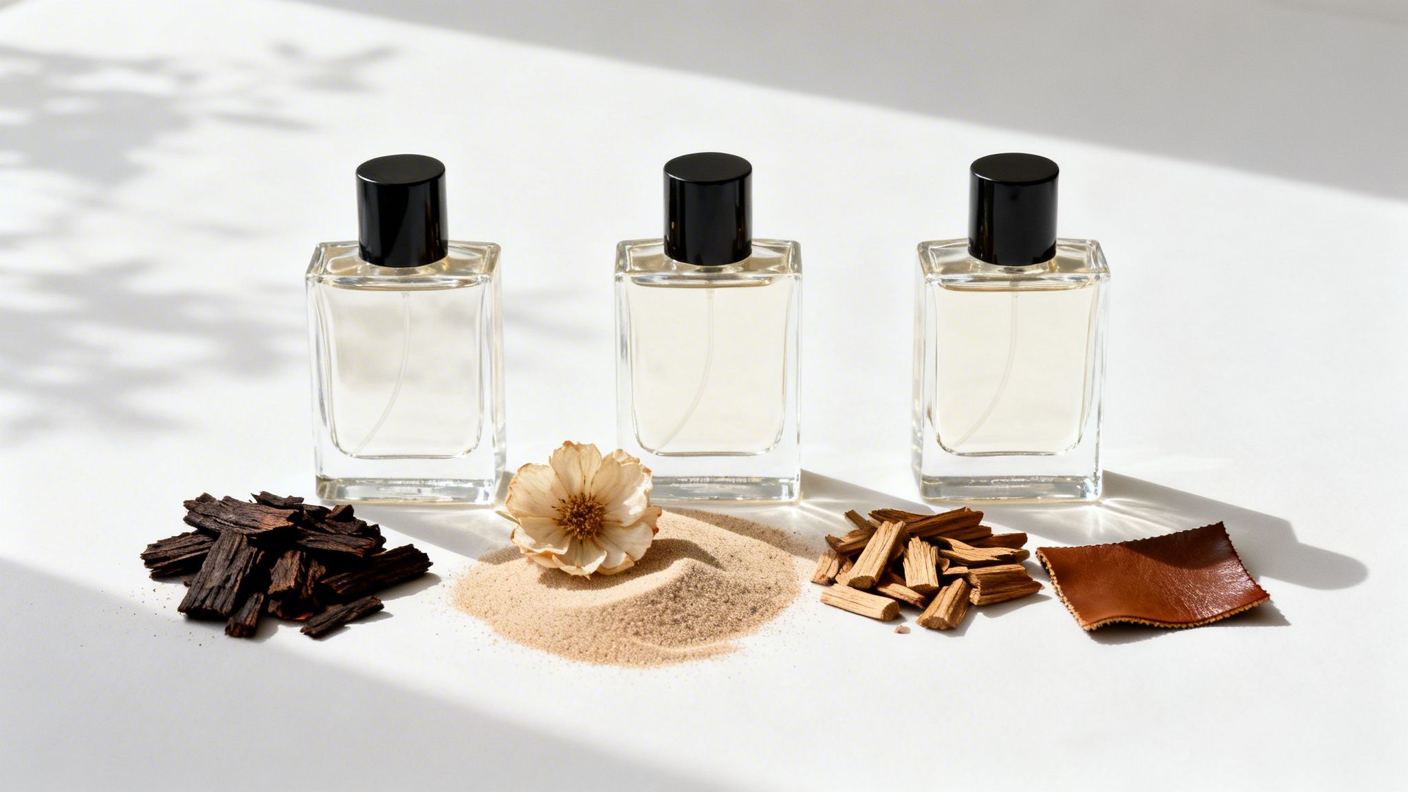 Three perfume bottles displayed with woody ingredients like sandalwood, oud, a flower, and sand.