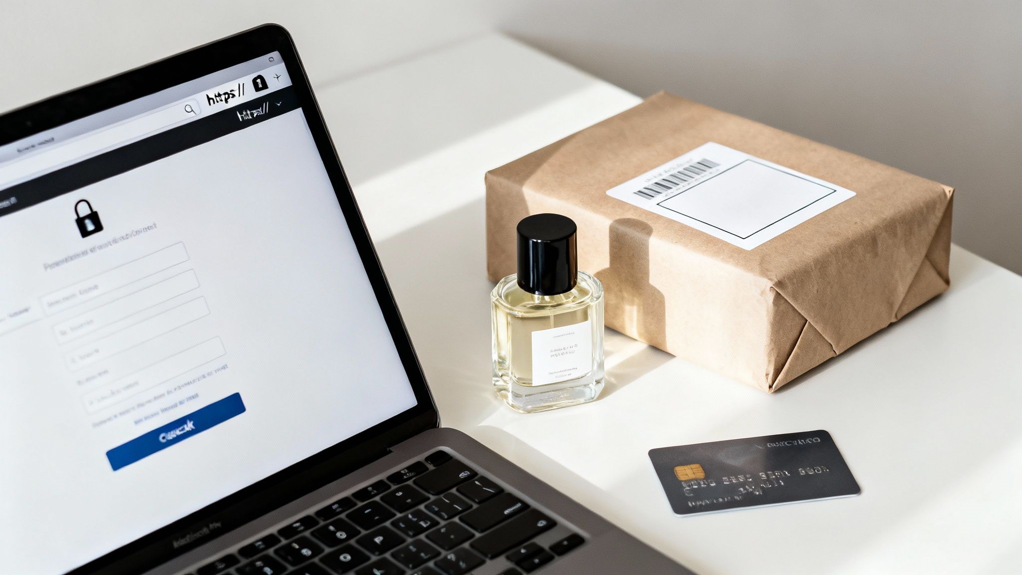 A laptop displays a secure login page next to a perfume bottle, package, and credit card, representing online shopping.