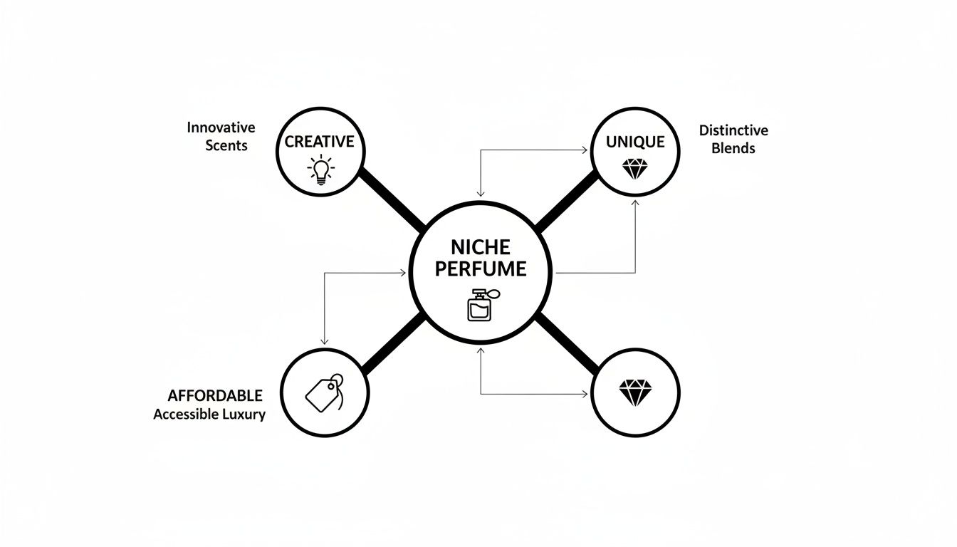 A diagram illustrates niche perfume characteristics: creative, unique, affordable, and high-quality traits.