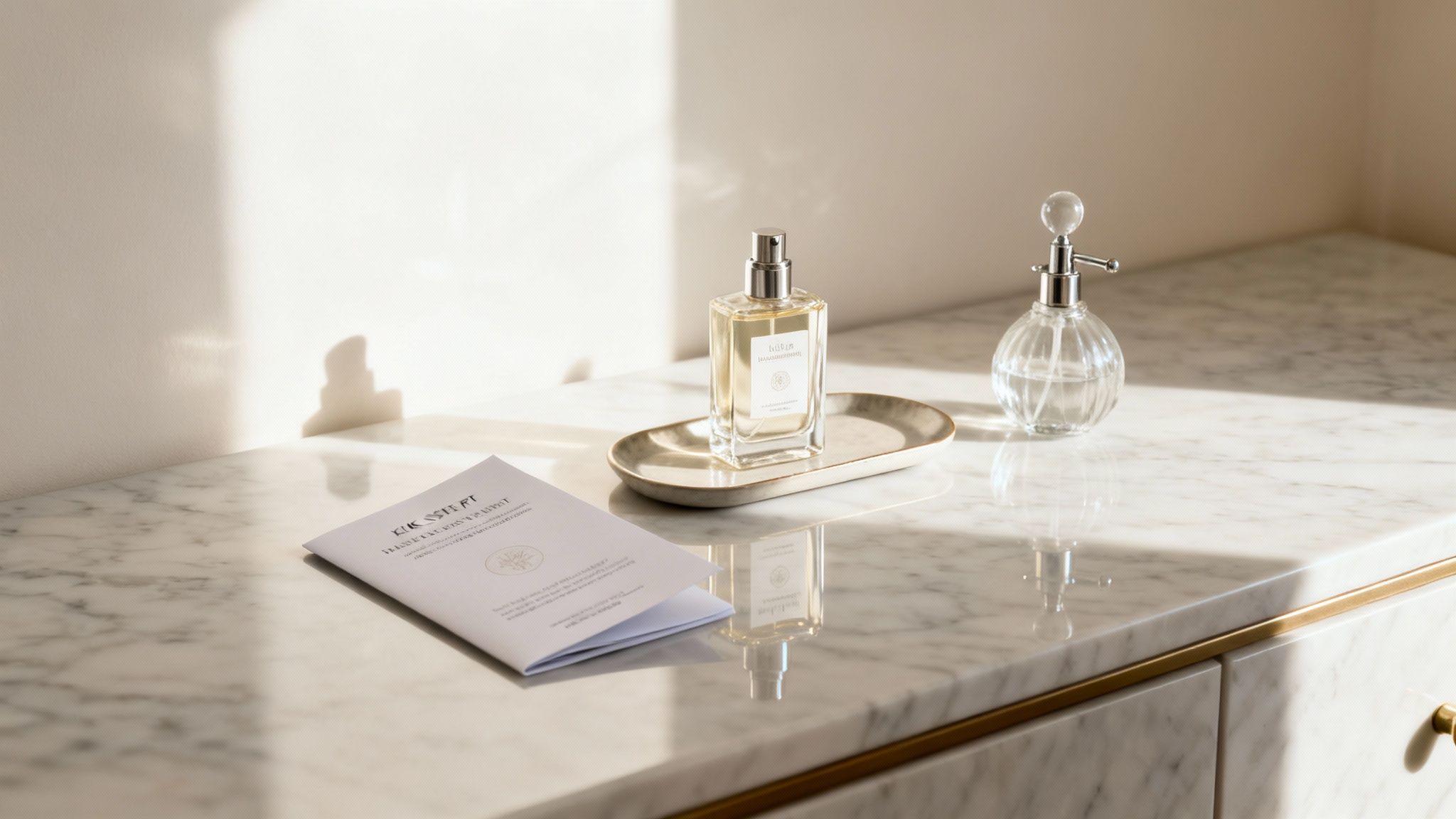 Two elegant perfume bottles and a brochure on a luxurious white marble vanity in natural sunlight.