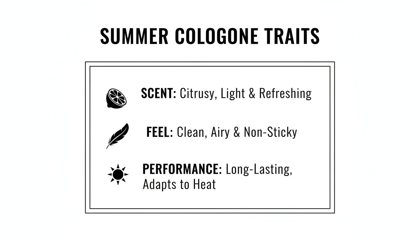 A graphic listing summer cologne traits: citrusy scent, clean feel, and long-lasting performance.