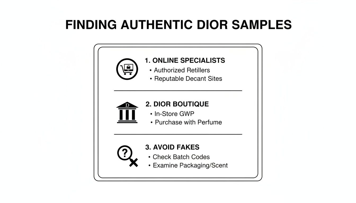 A visual guide detailing three key ways to find authentic Dior perfume samples and avoid fakes.