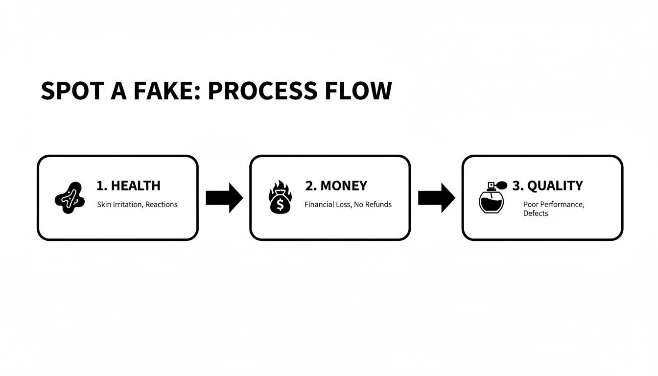 A process flow diagram illustrating how to spot fake products by highlighting risks: health, financial loss, and poor quality.