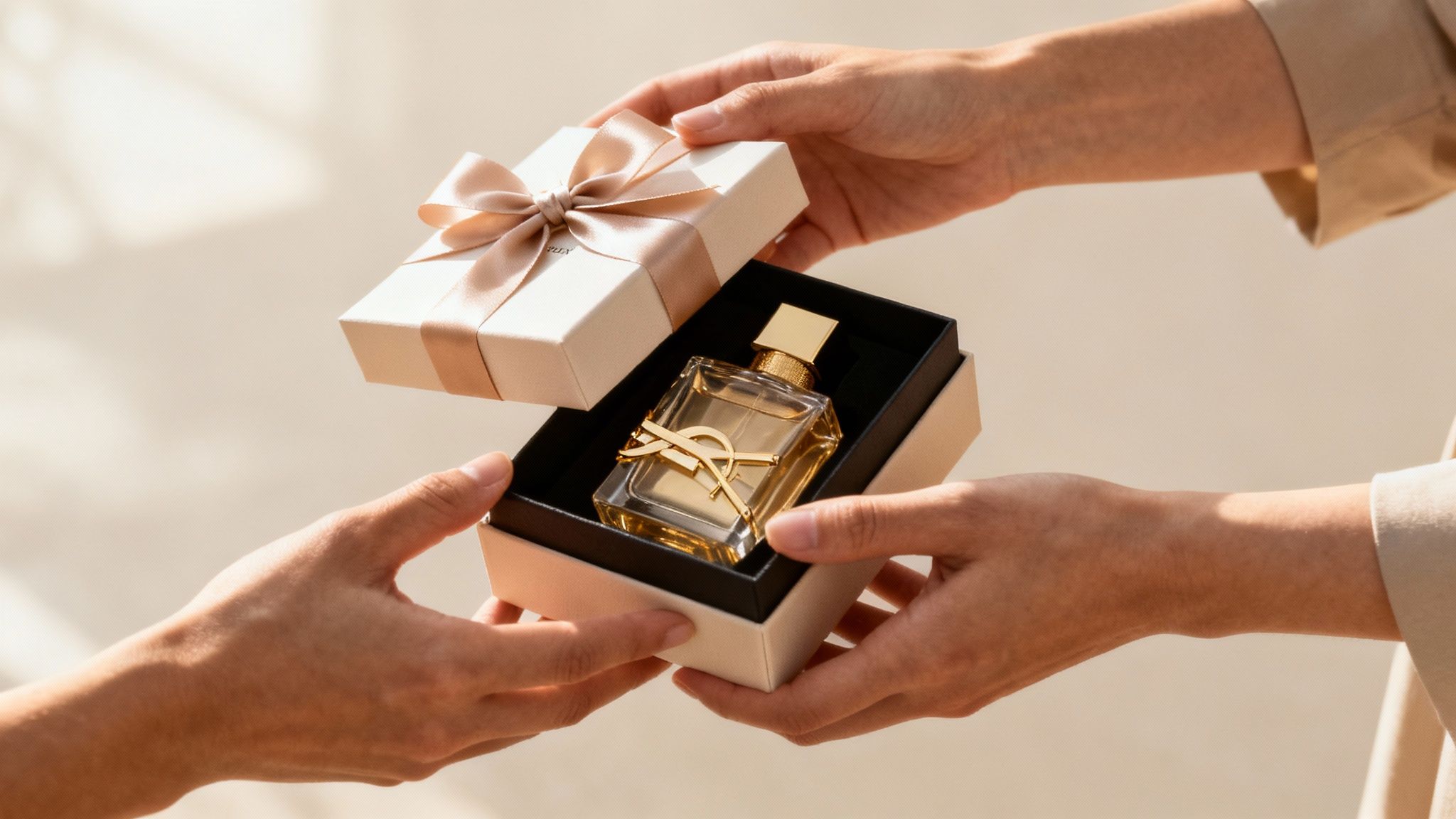 Close-up of hands opening a beige gift box revealing a luxurious gold perfume bottle.