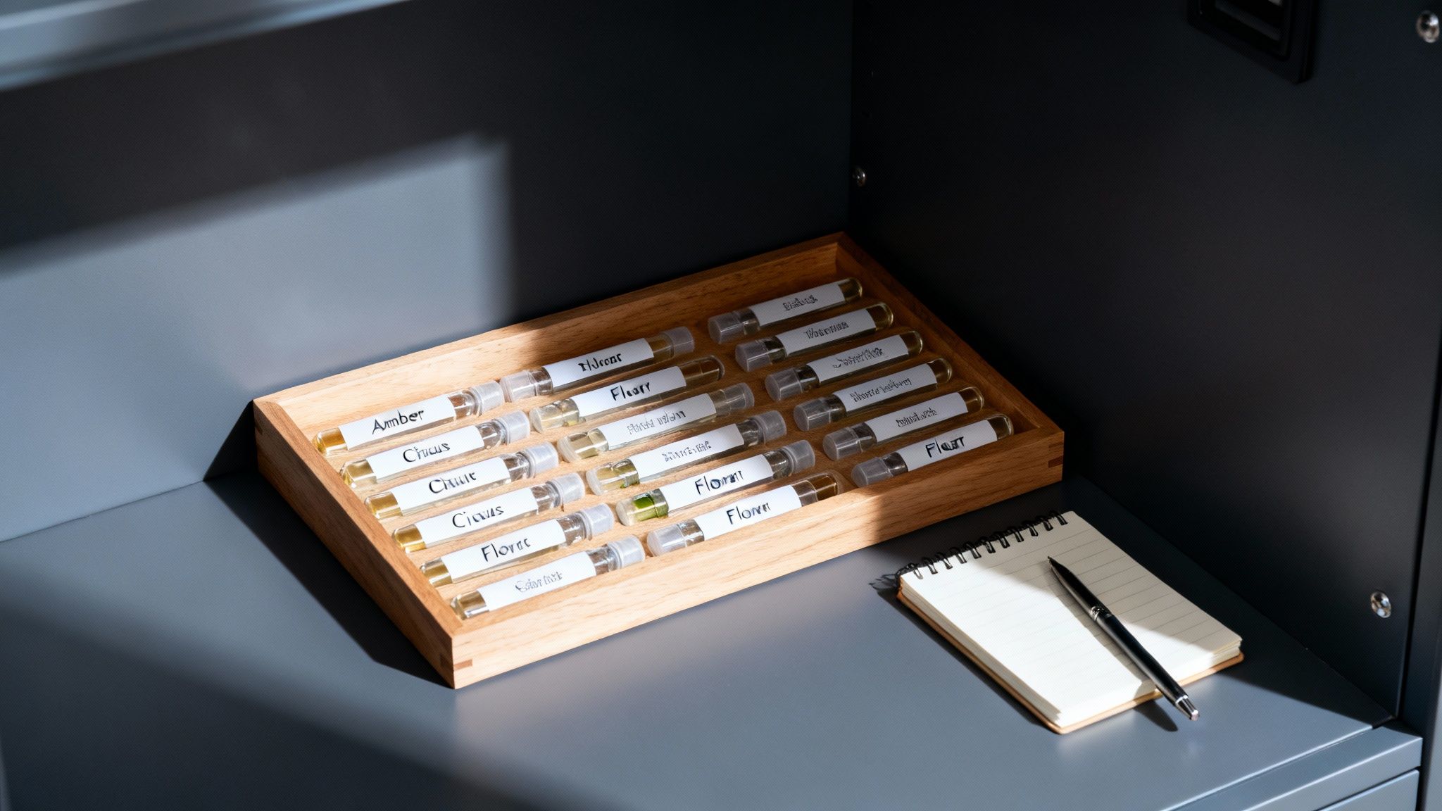 A wooden tray holding labeled perfume sample vials and a notebook with a pen.
