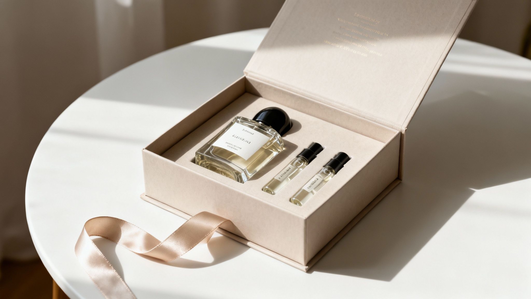 Open beige gift box with a large Jasminum perfume and two sample vials on a white table with a ribbon.