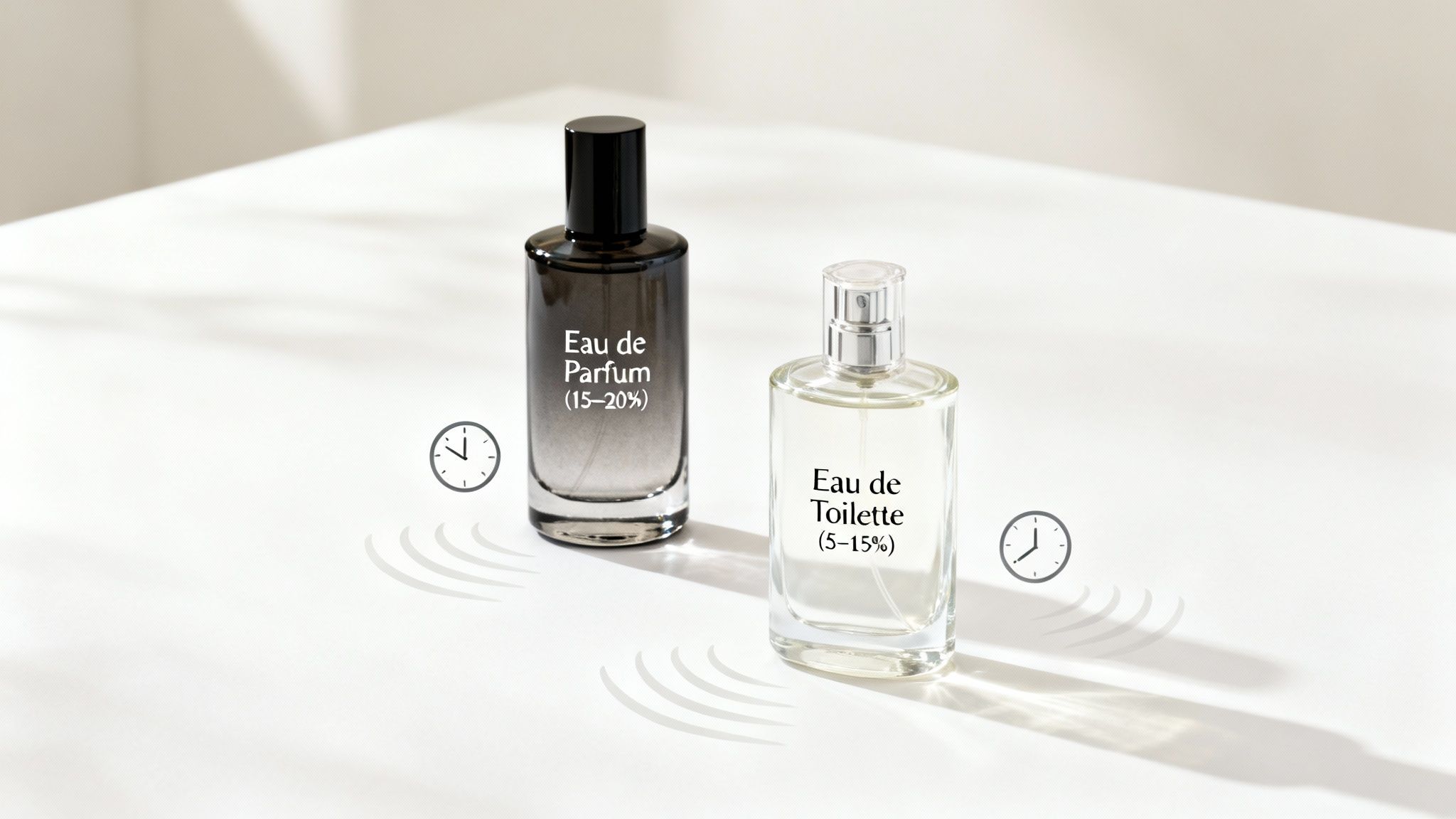 Side-by-side comparison of Eau de Parfum and Eau de Toilette bottles with concentration percentages and duration icons.