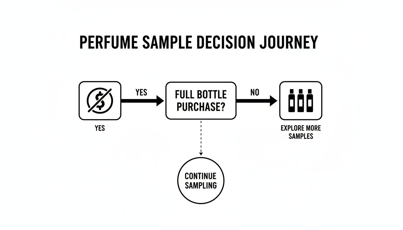 A flowchart showing the decision journey for perfume samples, including options to purchase a full bottle or explore more samples.