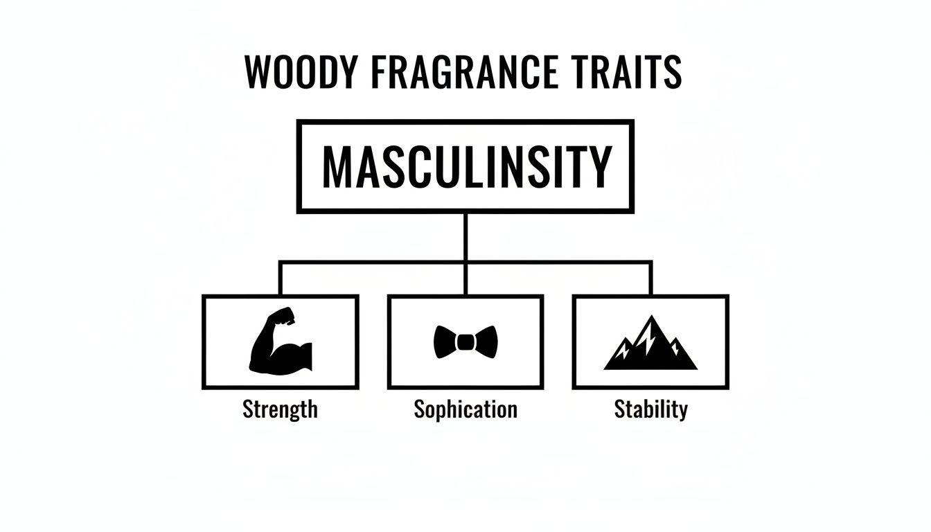 Diagram illustrating woody fragrance traits, linking masculinity to strength, sophistication, and stability.