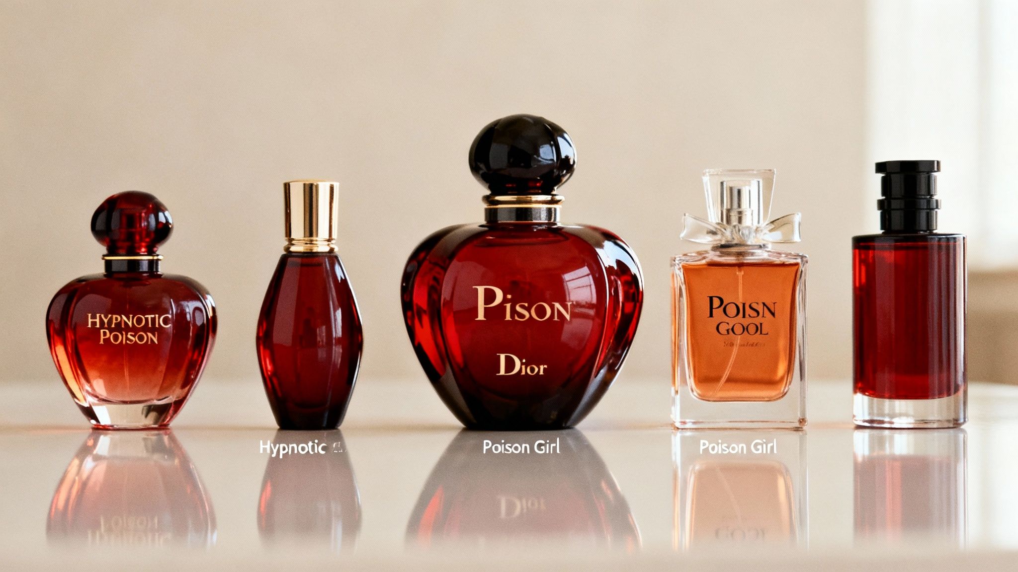 A row of five Christian Dior Poison perfume bottles, including Hypnotic and Poison Girl.