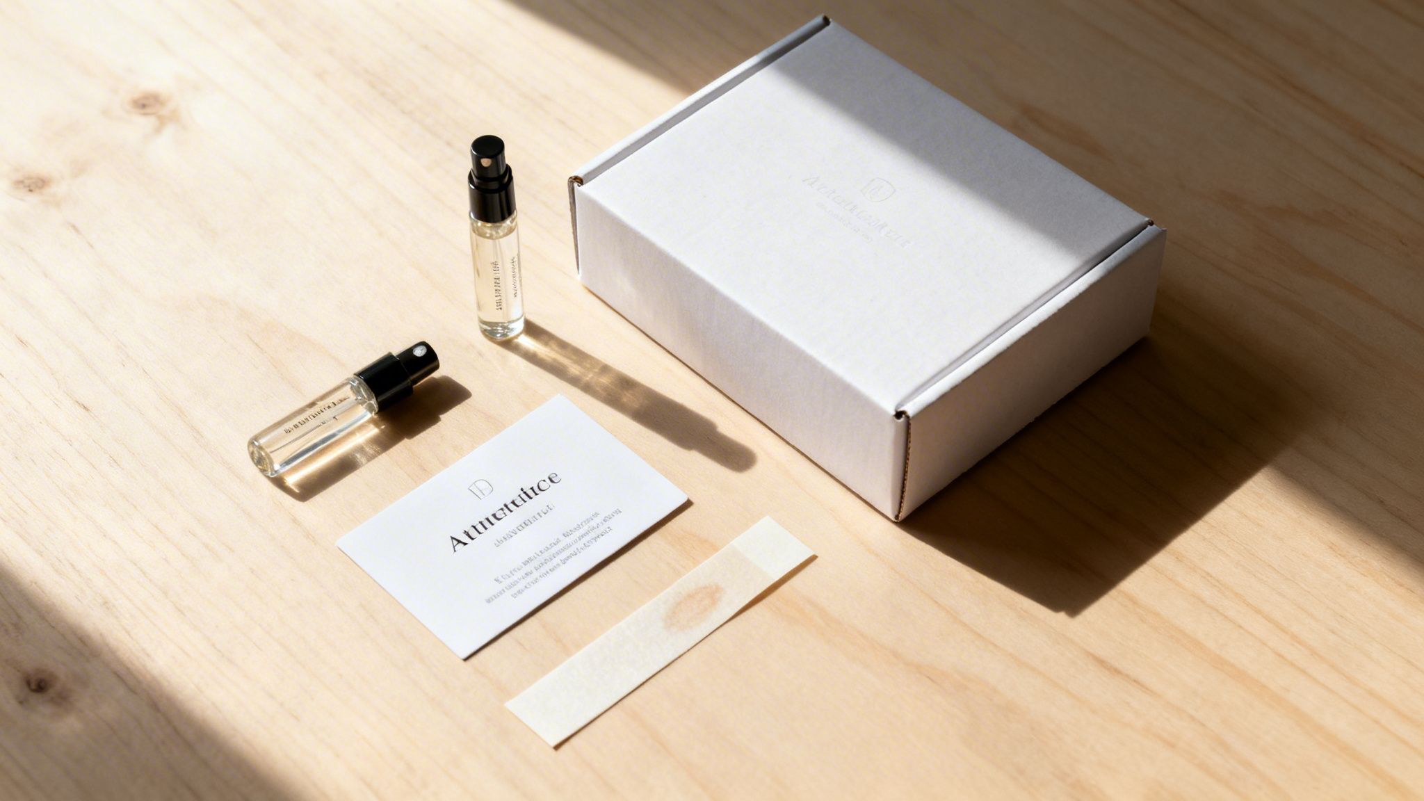 A minimalist flat lay of perfume samples, including two small spray bottles, a white box, and a brand card, on a wooden surface.