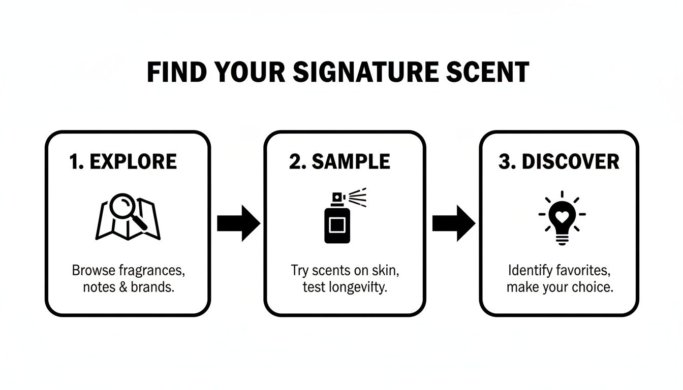 Infographic detailing three steps to find your perfect fragrance: explore, sample, discover.