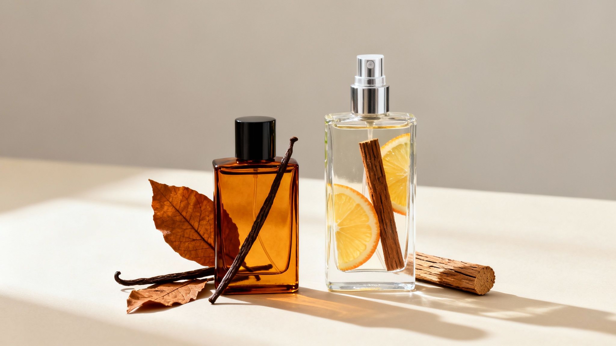 Two perfume bottles with natural ingredients: vanilla pods, dried leaves, orange slices, and cinnamon sticks.
