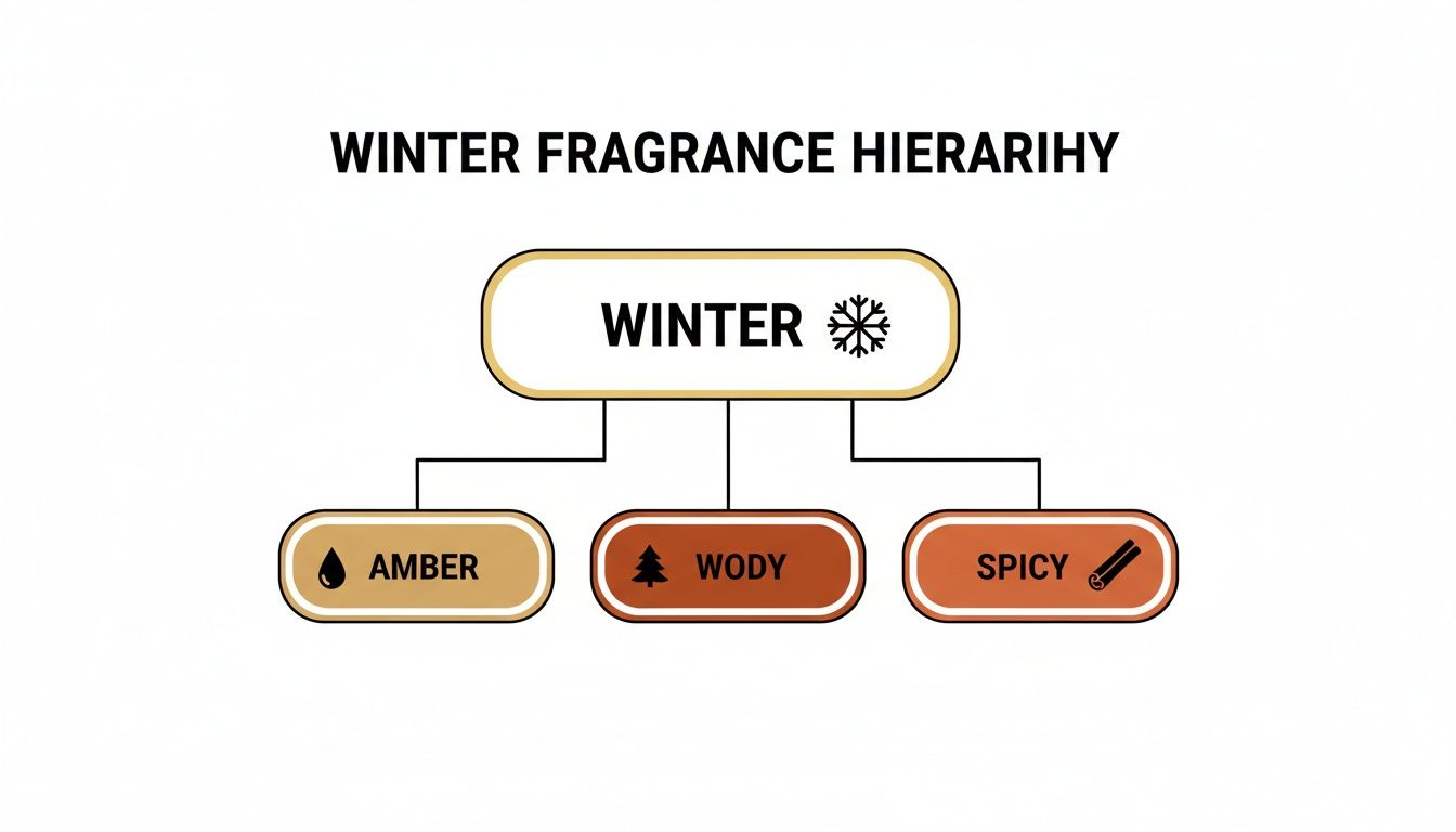 A simple hierarchy chart illustrating winter fragrance types: Amber, Woody, and Spicy.