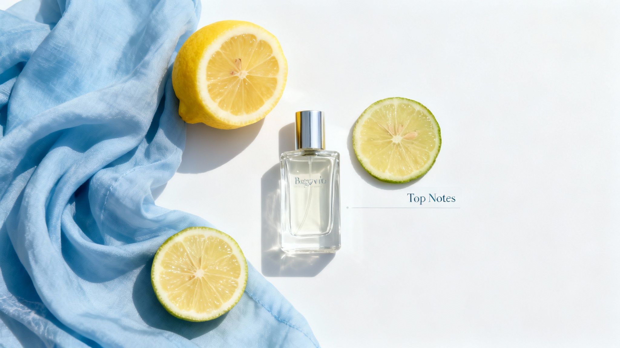 A perfume bottle surrounded by fresh lemons and a light blue scarf, highlighting citrus top notes.